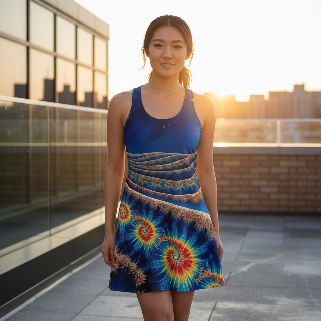 Cosmic Fractal Spiral Racerback Dress - Vibrant Celestial Design for Summer Outings product thumbnail image Cosmic Fractal Spiral Racerback Dress - Vibrant Celestial Design for Summer Outings product thumbnail image