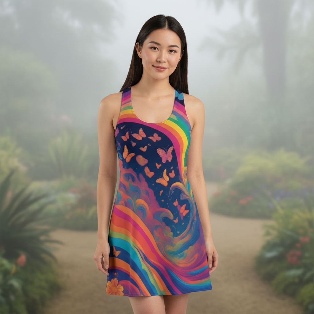 Racerback Dress — Rainbow Butterfly Psychedelic AOP product thumbnail image Racerback Dress — Rainbow Butterfly Psychedelic AOP product thumbnail image