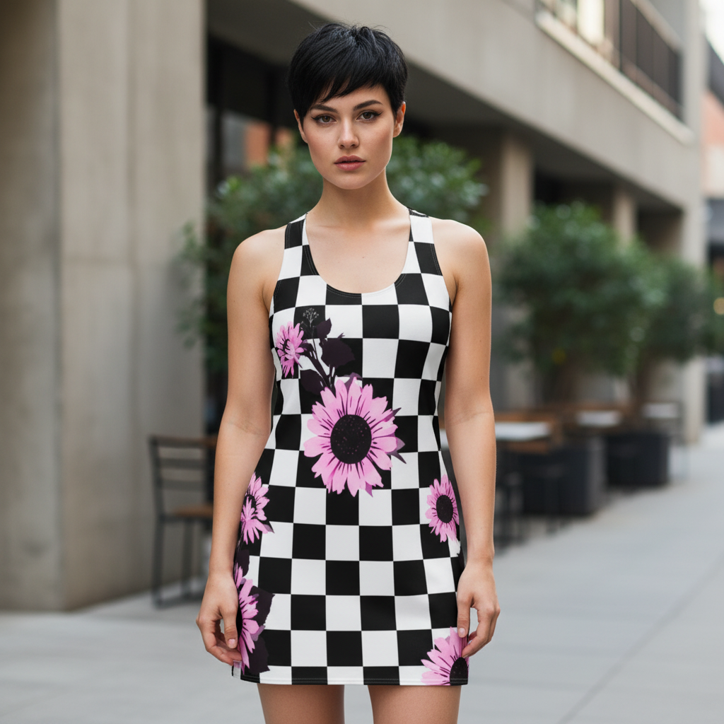 Checkerboard Sunflower Racerback Dress — Pink Floral AOP