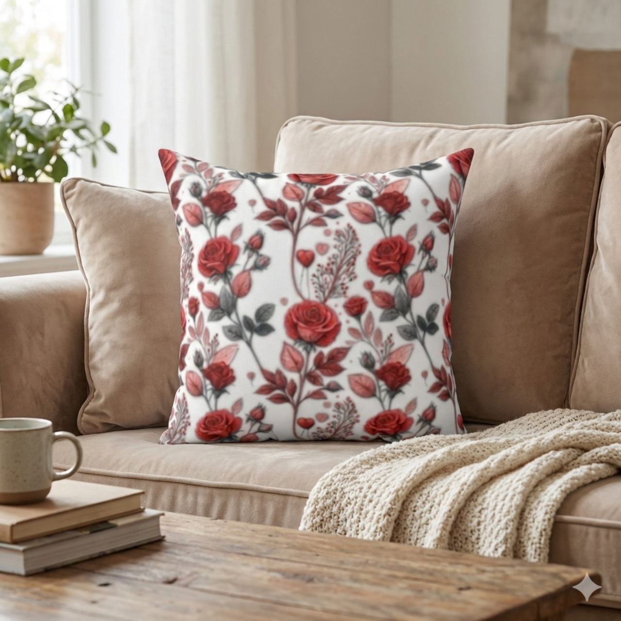 Red Rose Throw Pillow, Vintage Floral Cushion, Romantic Valentine Gift, Cottagecore Home Decor, Botanical Rose Pattern, Flower Accent Pillow