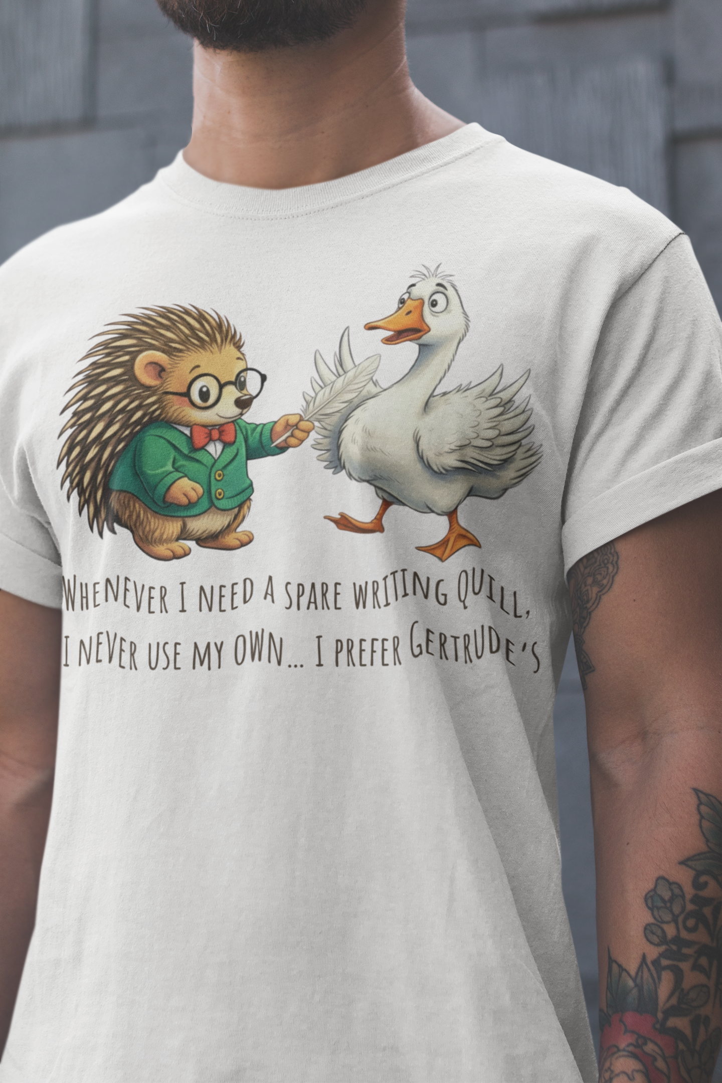 "Gertrude's Quill" Comfort Colors Unisex T-Shirt — Cute Porcupine &amp; Goose Illustration product thumbnail image