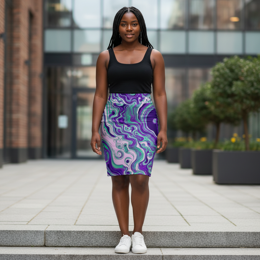 Purple Teal Marble Pencil Skirt — Psychedelic Swirl All-Over Print product thumbnail image