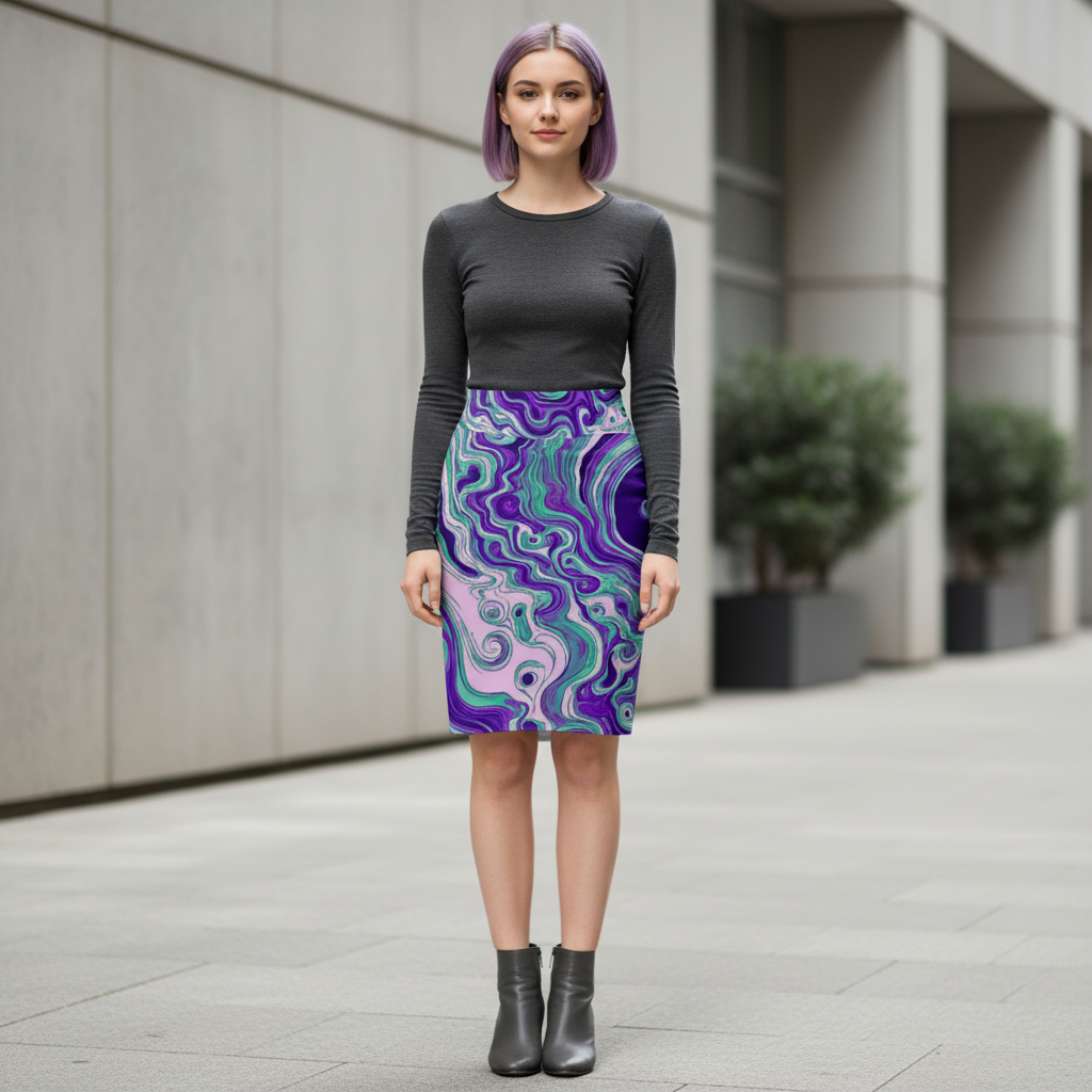 Purple Teal Marble Pencil Skirt — Psychedelic Swirl All-Over Print product thumbnail image