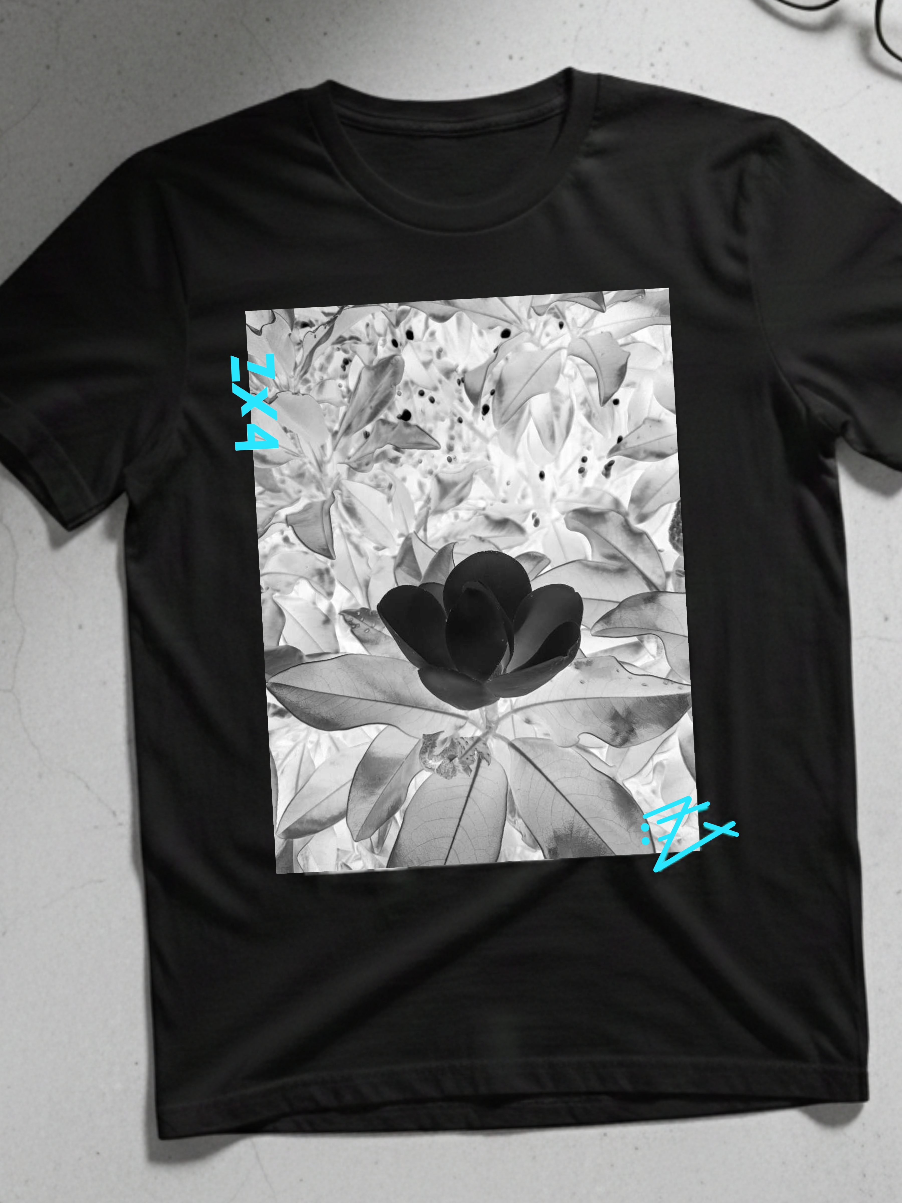Floral x ray photography tee — Monochrome Lily Photo with Aqua Accents product thumbnail image