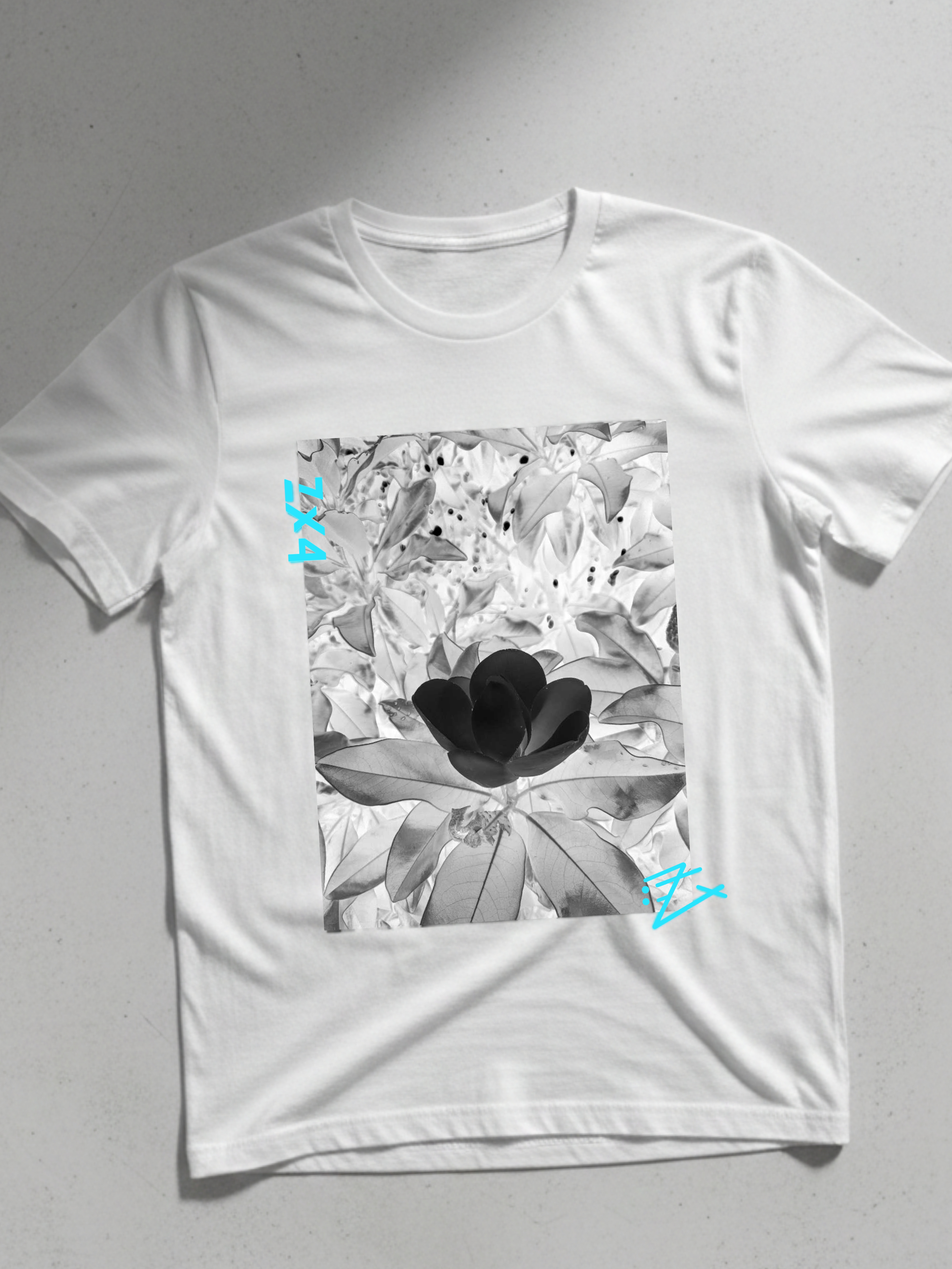 Floral x ray photography tee — Monochrome Lily Photo with Aqua Accents product thumbnail image