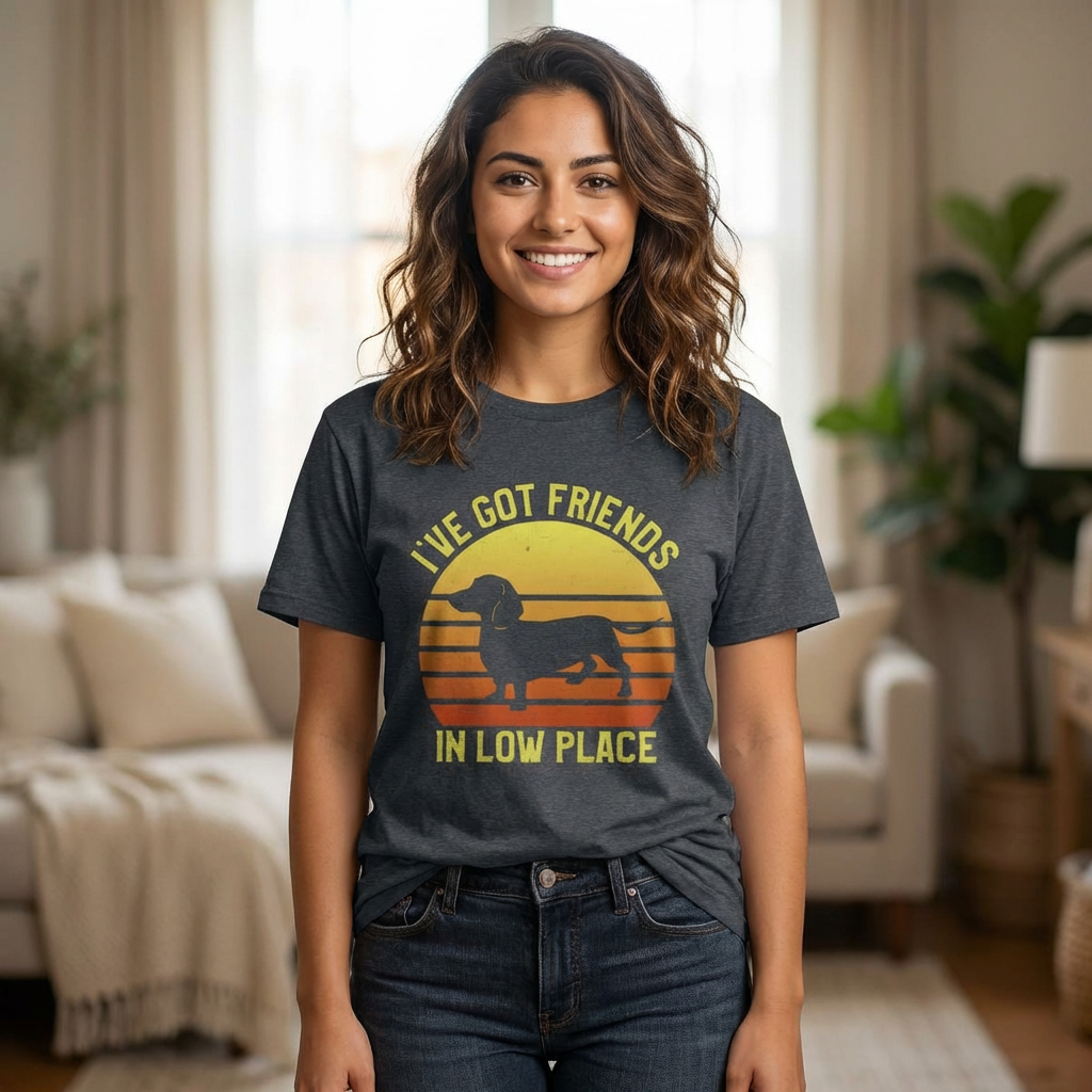 Dachshund Sunset T-Shirt – "I've Got Friends In Low Place" Funny Sausage Dog Tee product thumbnail image