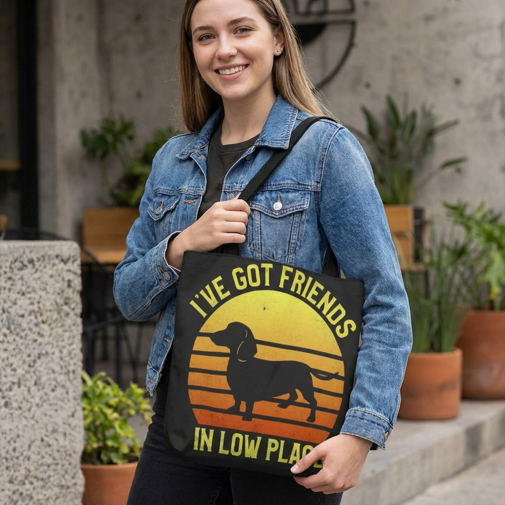 Dachshund Tote Bag — "I've Got Friends in Low Place" Retro Sunset
