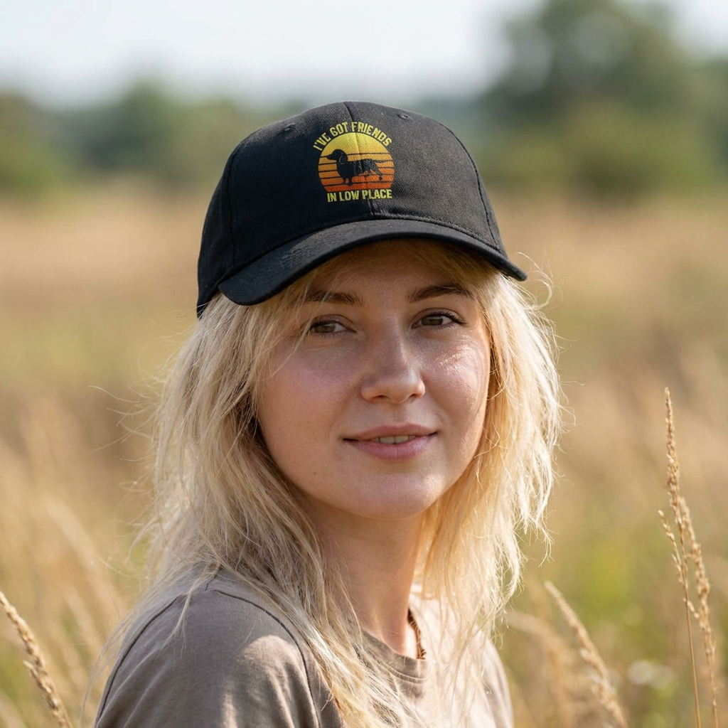 Low Profile Baseball Cap — "I've Got Friends In Low Place" Dachshund Sunset Hat product thumbnail image