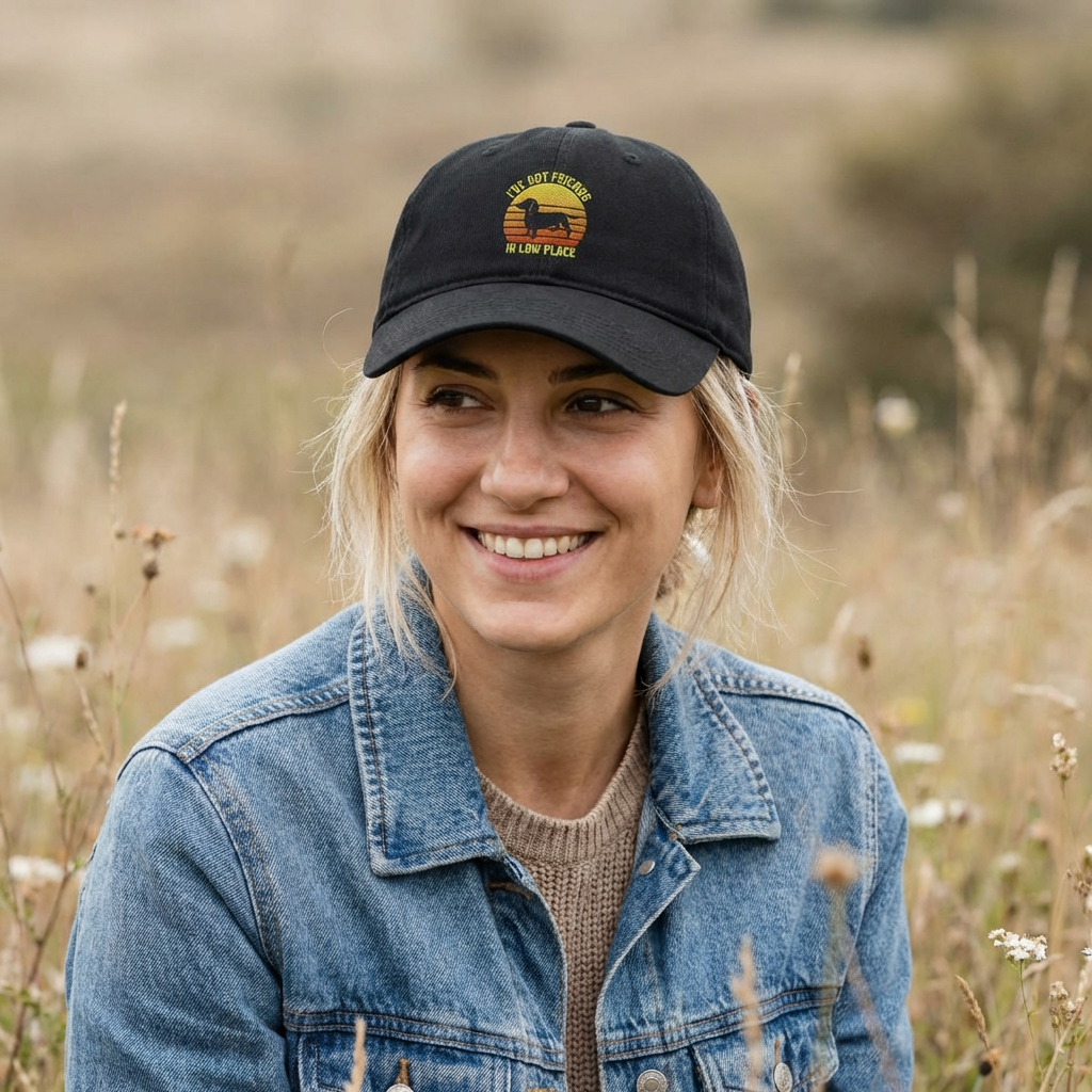 Low Profile Baseball Cap — "I've Got Friends In Low Place" Dachshund Sunset Hat product thumbnail image