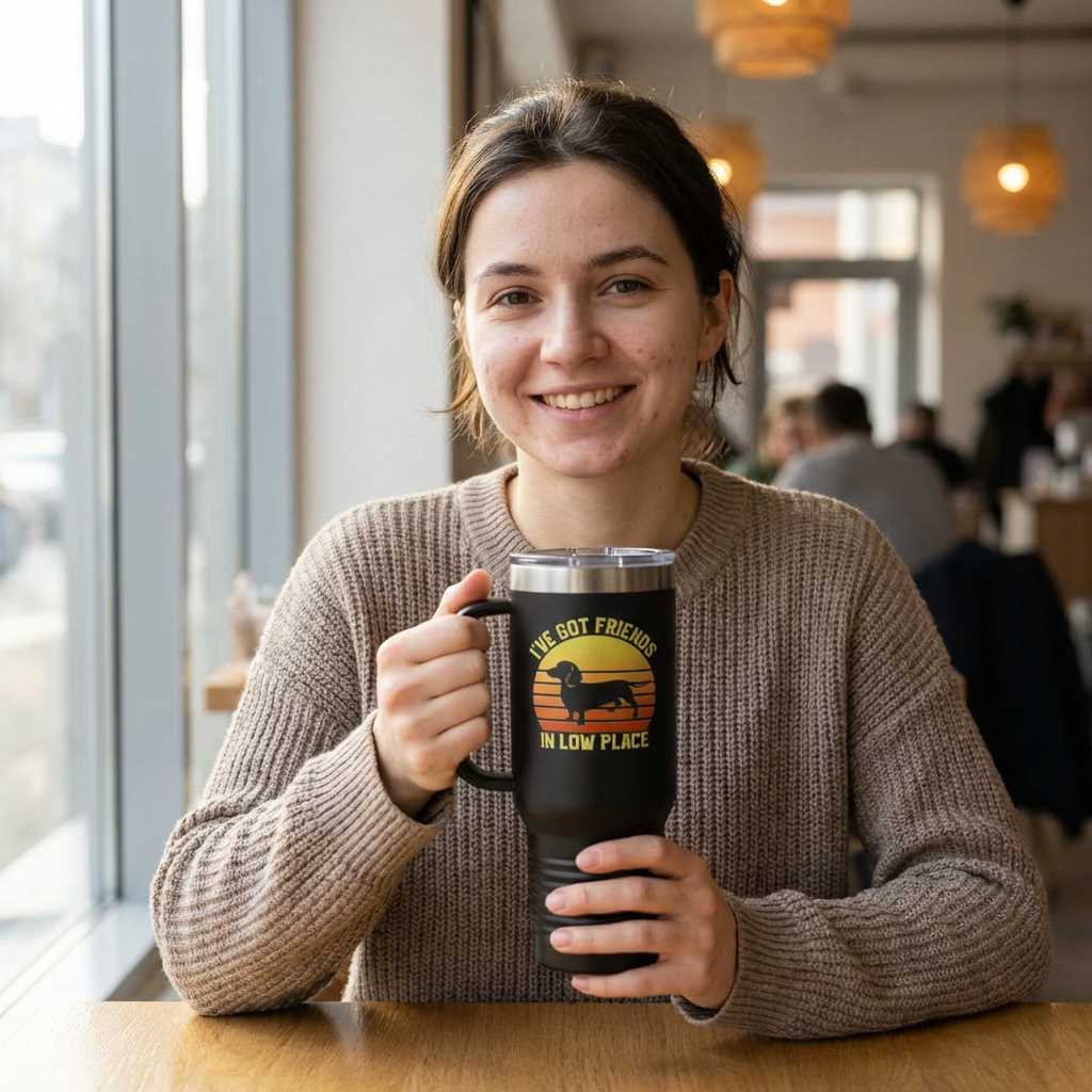 40oz Insulated Travel Mug — "I've Got Friends in Low Places" Dachshund Sunset Design