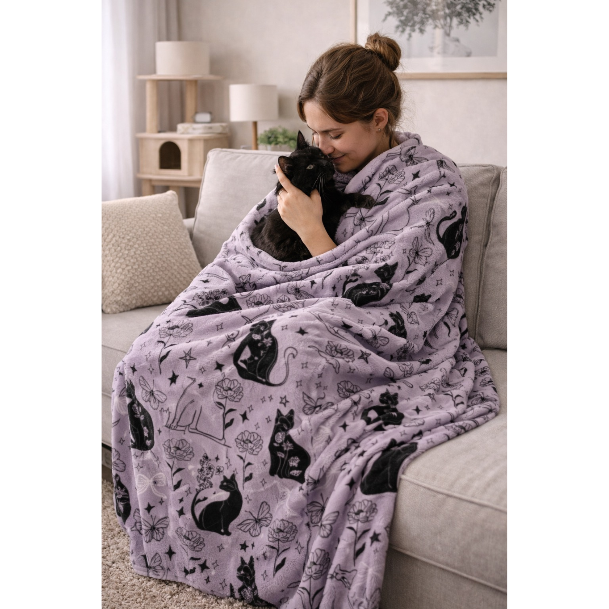 Lavender Black Cat Cozy Throw Blanket