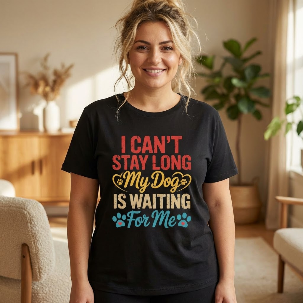 Dog Lover T‑Shirt — "I Can’t Stay Long My Dog Is Waiting For Me" Graphic Tee product thumbnail image Dog Lover T‑Shirt — "I Can’t Stay Long My Dog Is Waiting For Me" Graphic Tee product thumbnail image
