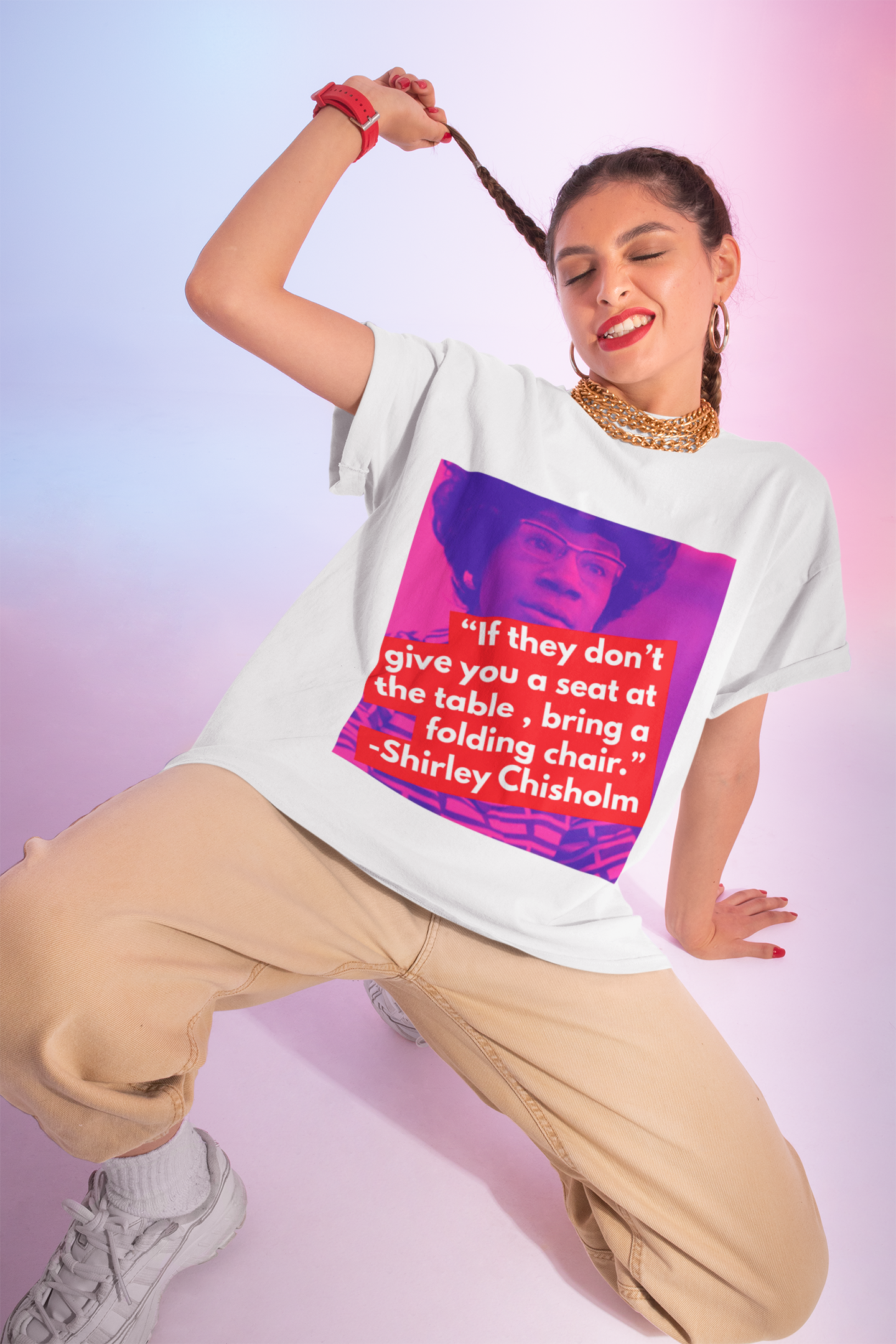 Shirley Chisholm Quote T-Shirt — "If they don't give you a seat at the table, bring a folding chair" product thumbnail image