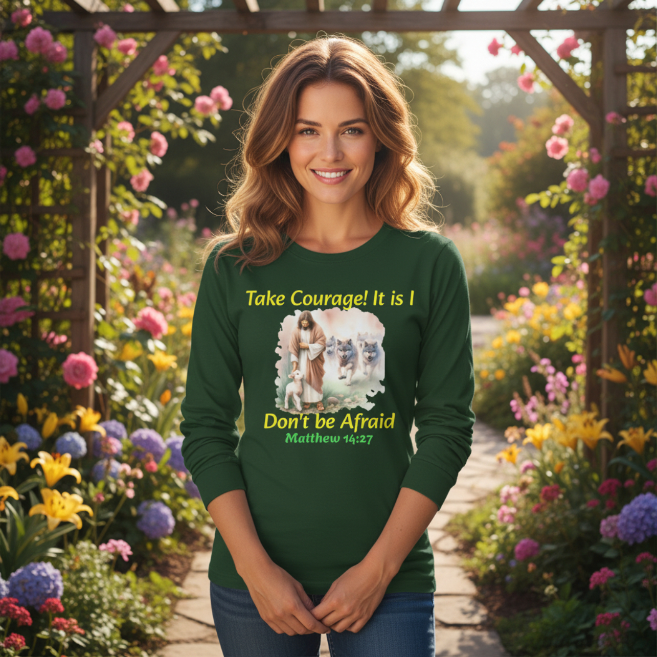 Christian Long Sleeve Tee — "Take Courage! It Is I. Don't Be Afraid" (Matthew 14:27) product thumbnail image