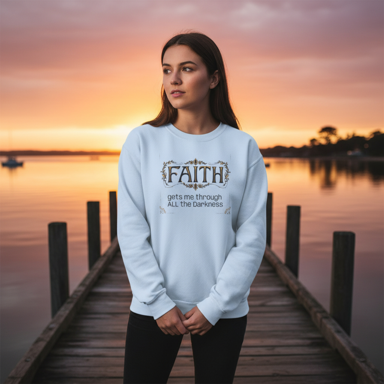 Faith Inspirational Crewneck Sweatshirt — "Faith Gets Me Through All the Darkness" product thumbnail image