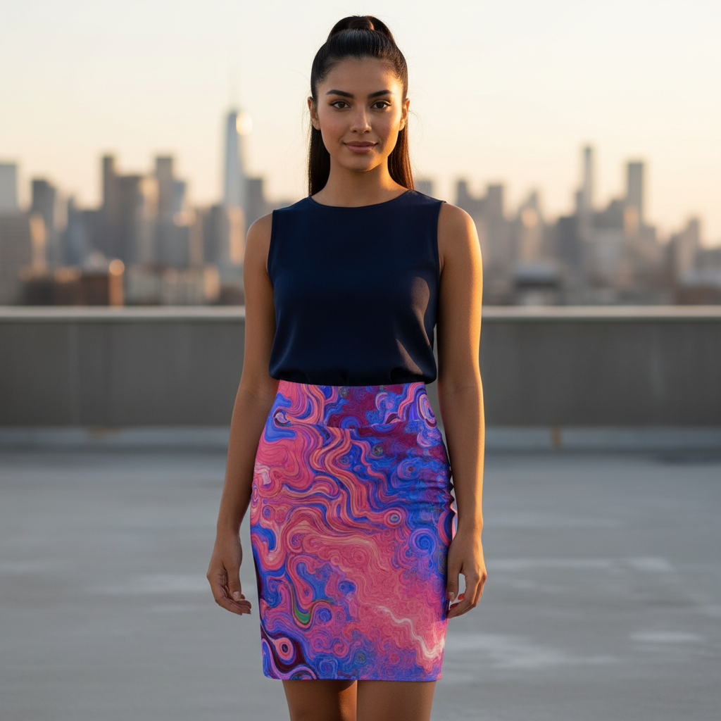 Marbled Swirl Pencil Skirt — Pink &amp; Purple Abstract AOP product thumbnail image