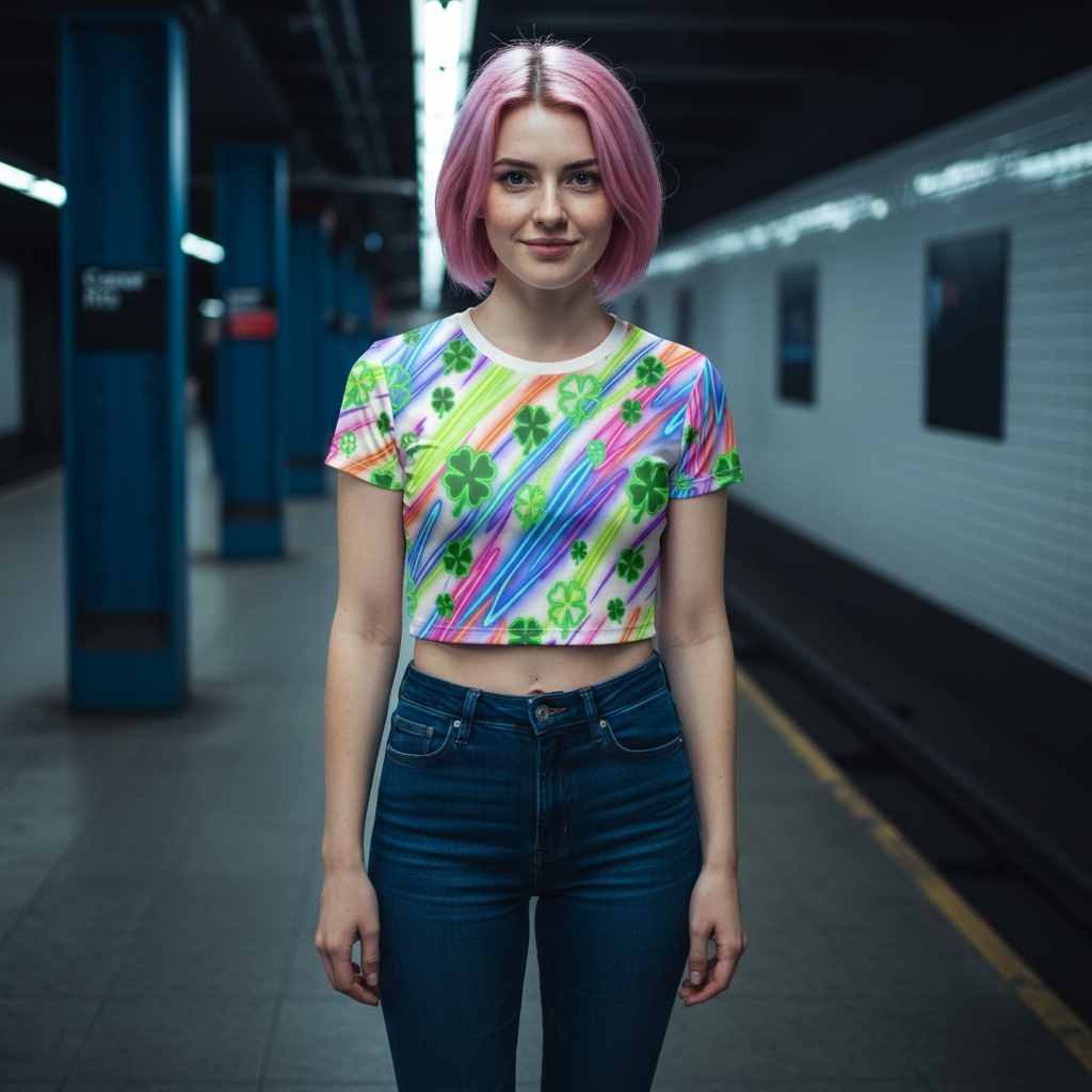 St. Patrick’s Neon Clover Crop Tee — Colorful Shamrock Festival Top product thumbnail image