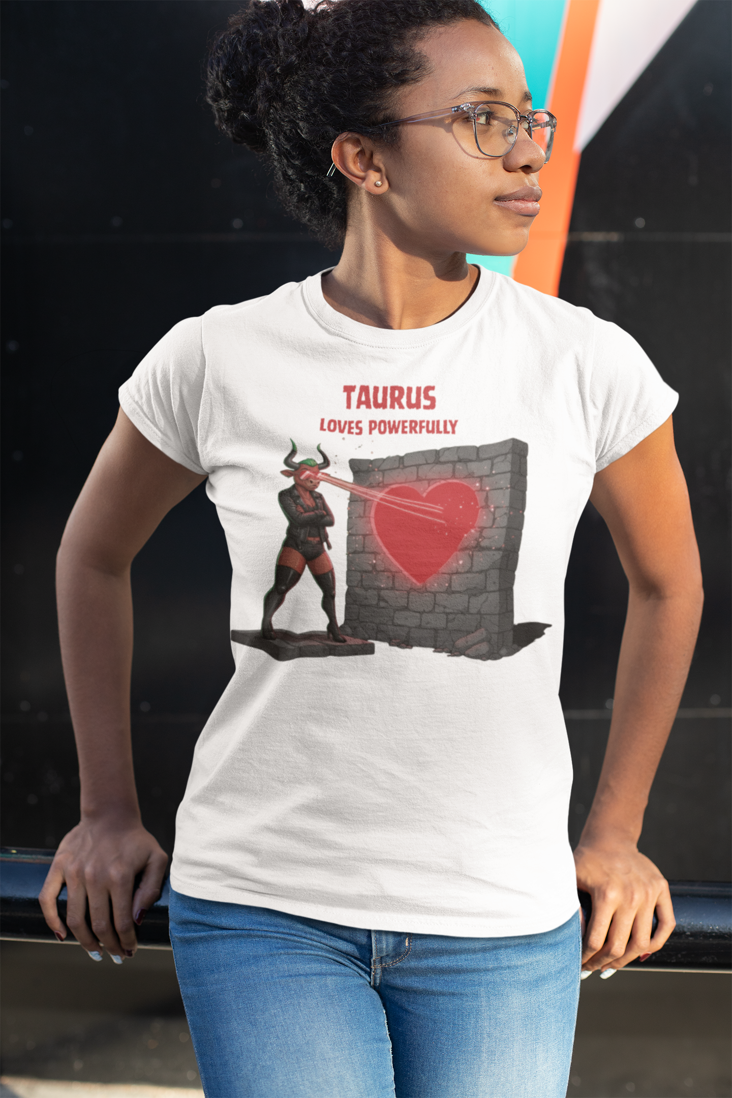 "Taurus Loves Powerfully" Bull Superheroine Comfort Colors Tee — Leather &amp; Laser Heart Design
