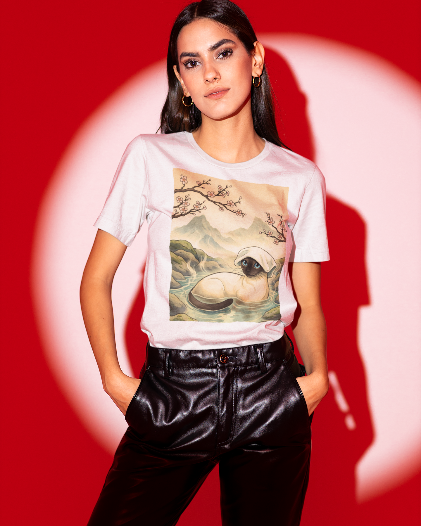 Siamese Cat Hot Spring Self-Care Relaxation Spa Day | Comfort Colors Unisex T-Shirt | Distressed Edge Ukiyo-E Japanese-Inspired Cat Art Tee product thumbnail image