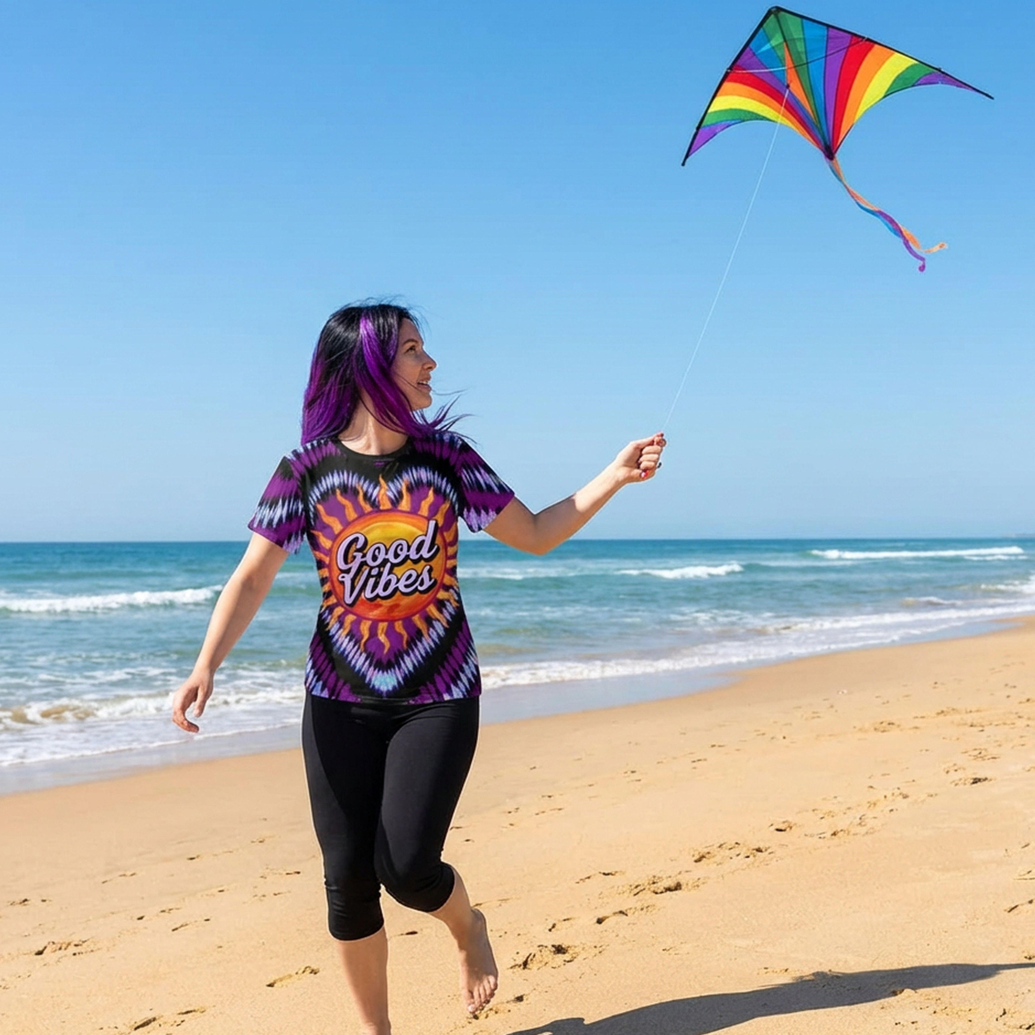 Good Vibes Tie-Dye Heart Tee — Women's Graphic AOP Shirt product thumbnail image Good Vibes Tie-Dye Heart Tee — Women's Graphic AOP Shirt product thumbnail image