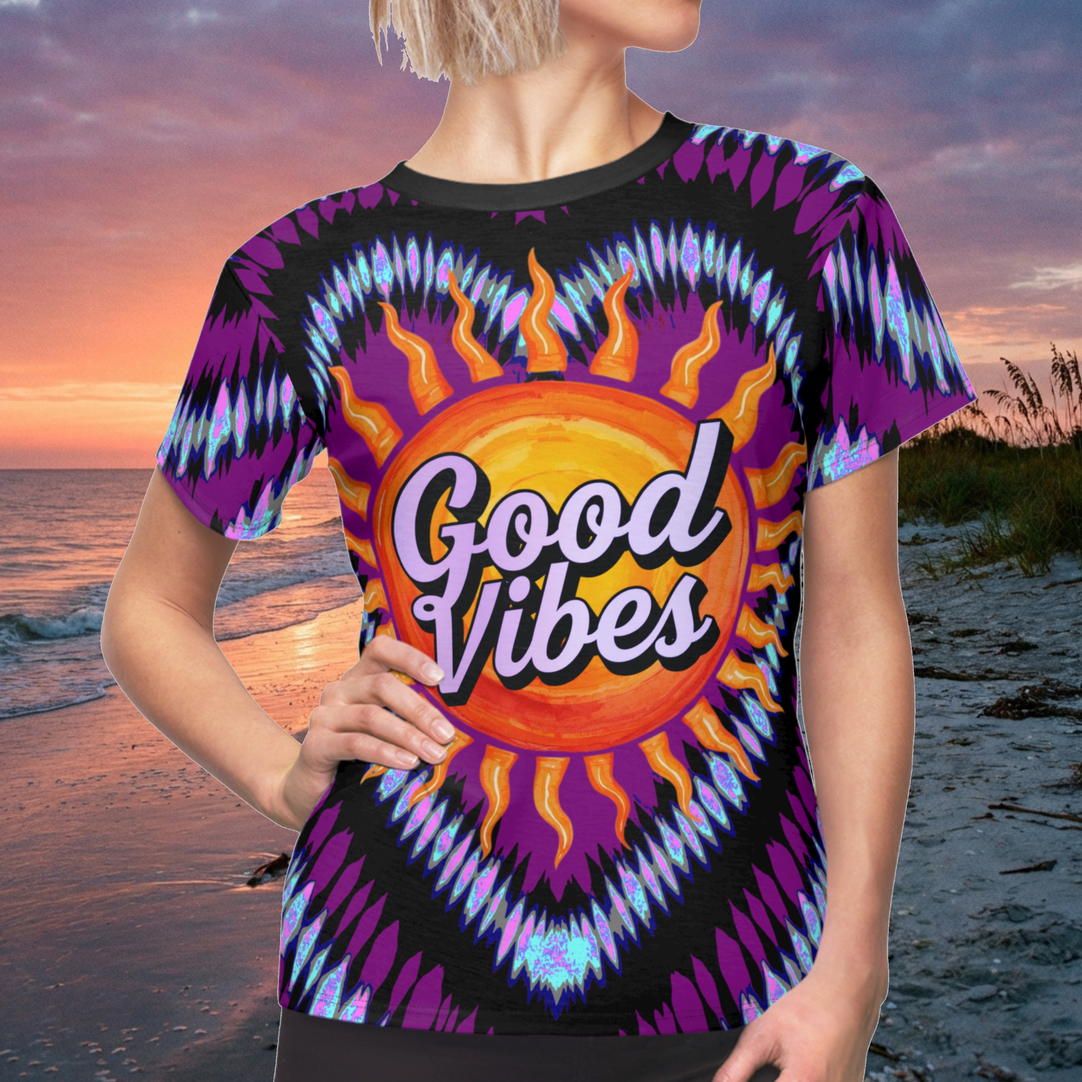 Good Vibes Tie-Dye Heart Tee — Women's Graphic AOP Shirt