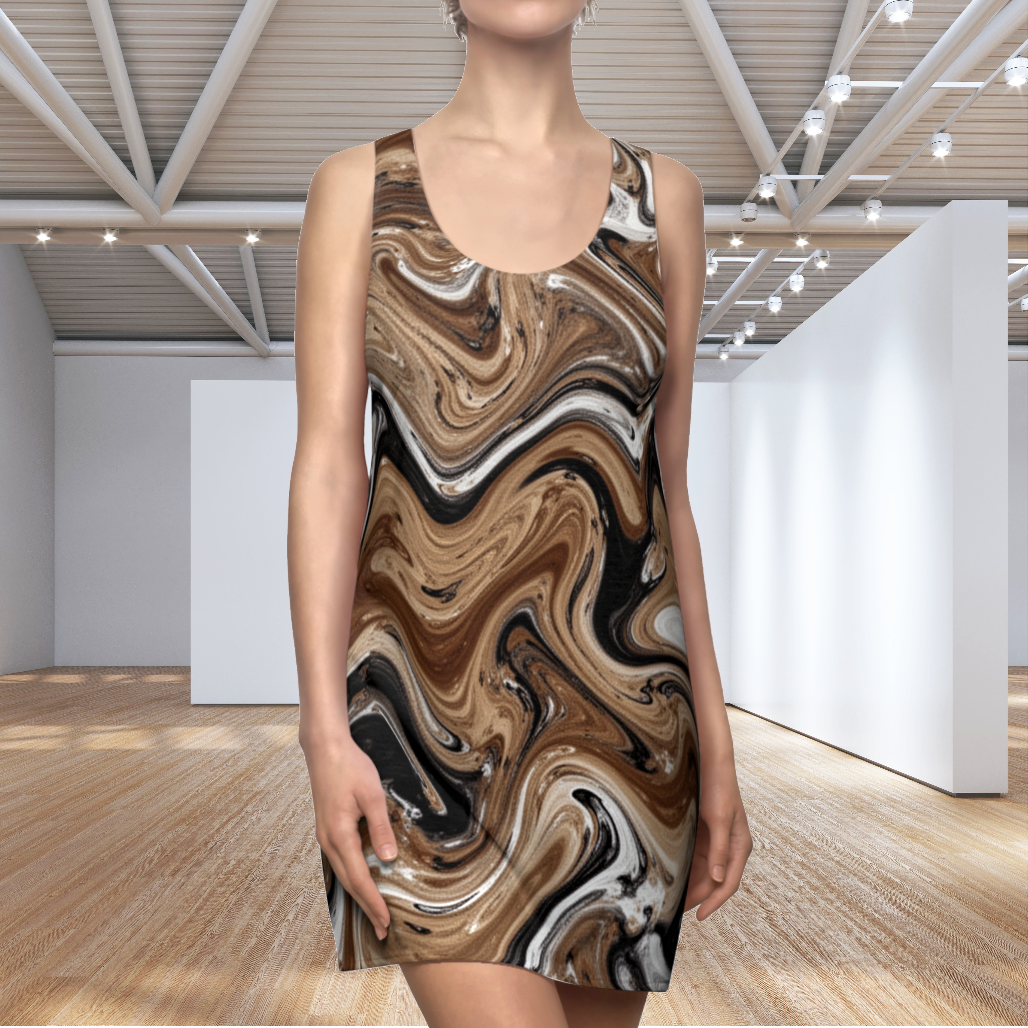 Marble Swirl Racerback Dress — Brown &amp; Black Abstract AOP