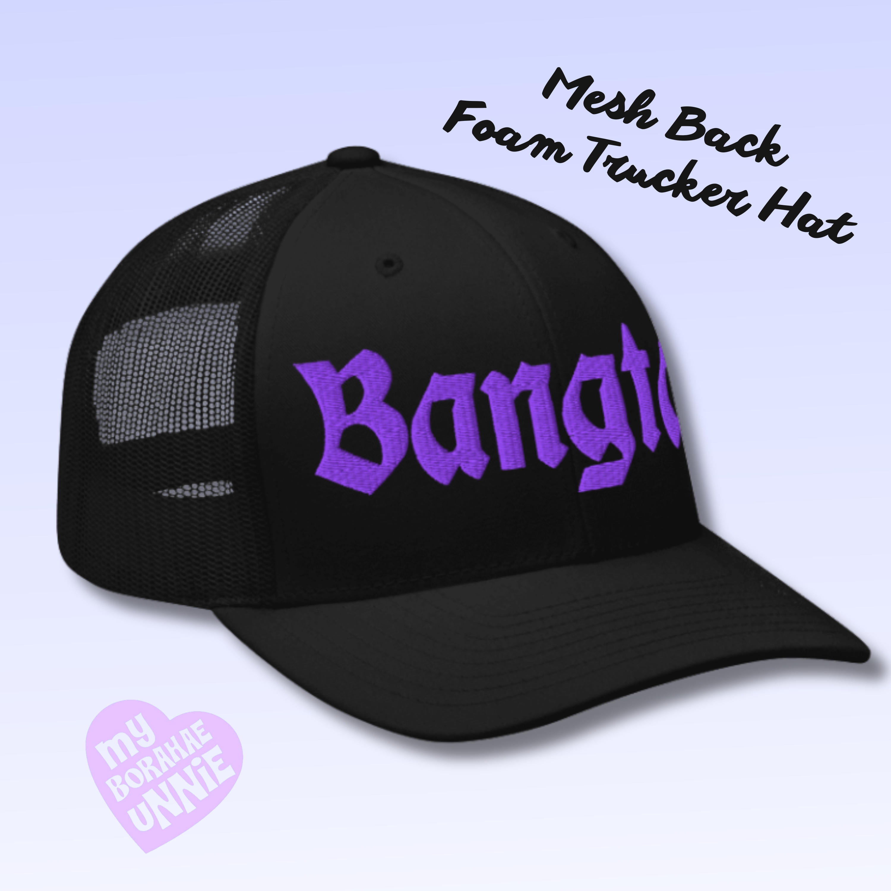 Embroidered Purple Thread Bangtan Kpop Foam Trucker Hat product thumbnail image Embroidered Purple Thread Bangtan Kpop Foam Trucker Hat product thumbnail image