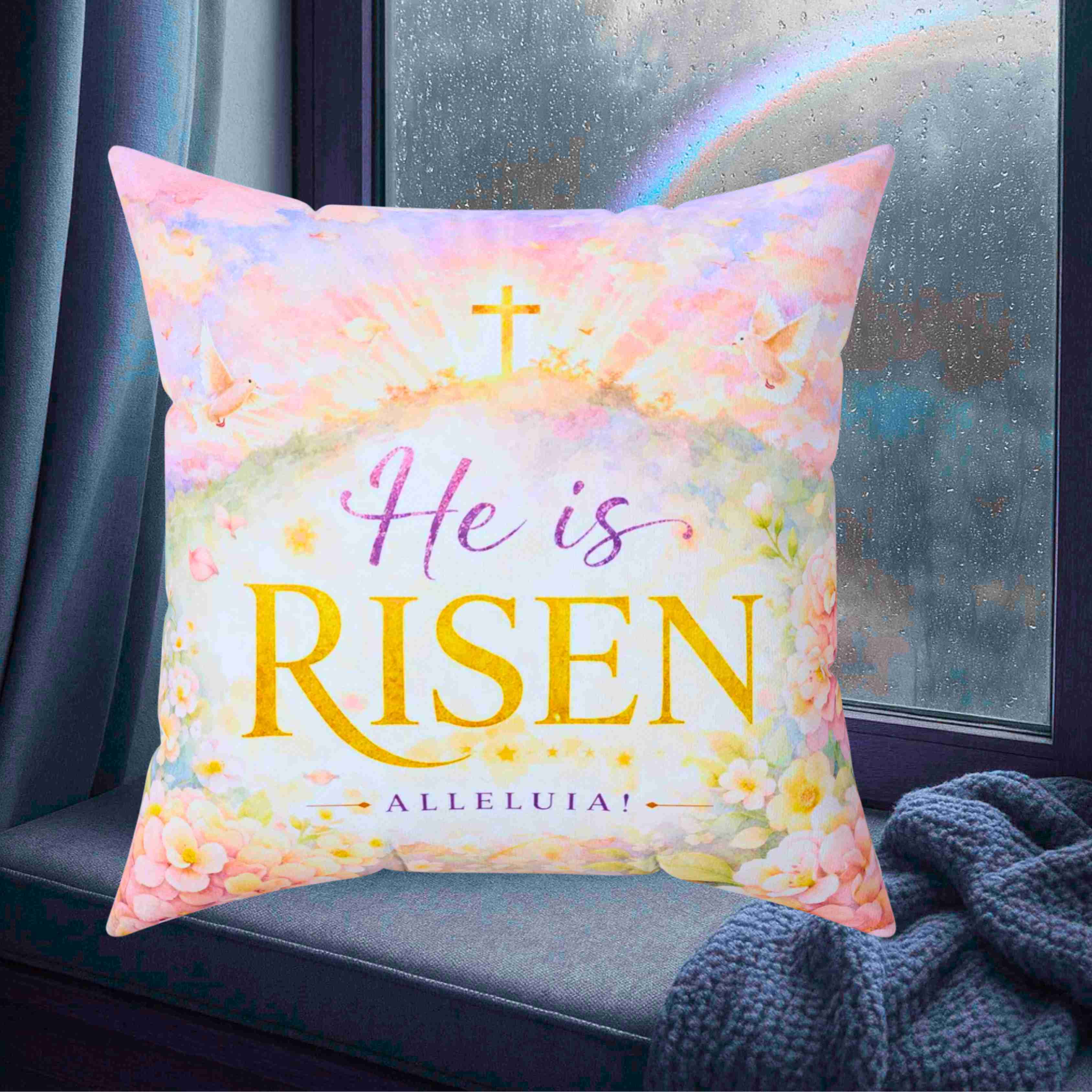 He Is Risen Alleluia Pillow | Easter Christian Scripture Decorative Couch Cushion product thumbnail image