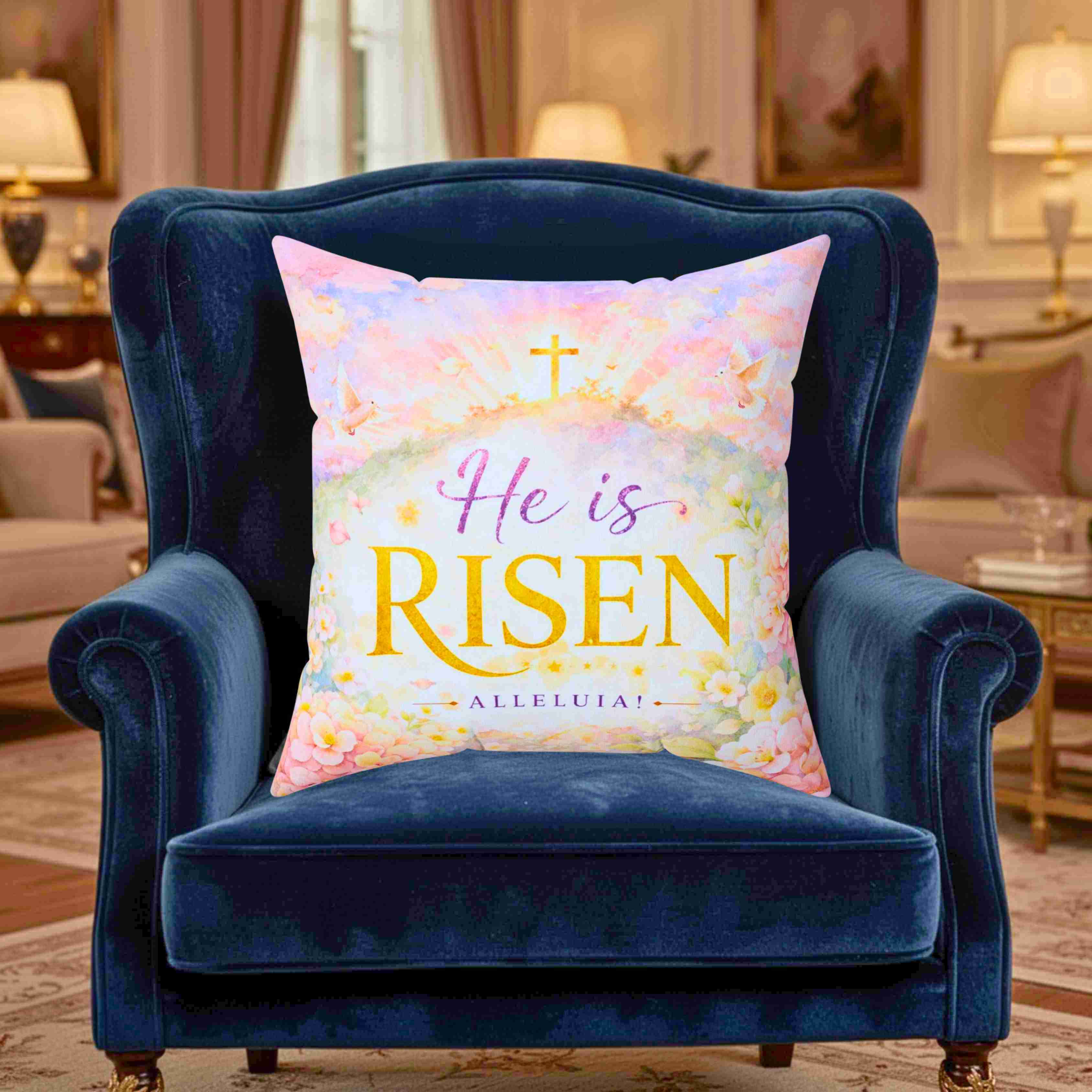 He Is Risen Alleluia Pillow | Easter Christian Scripture Decorative Couch Cushion product thumbnail image He Is Risen Alleluia Pillow | Easter Christian Scripture Decorative Couch Cushion product thumbnail image