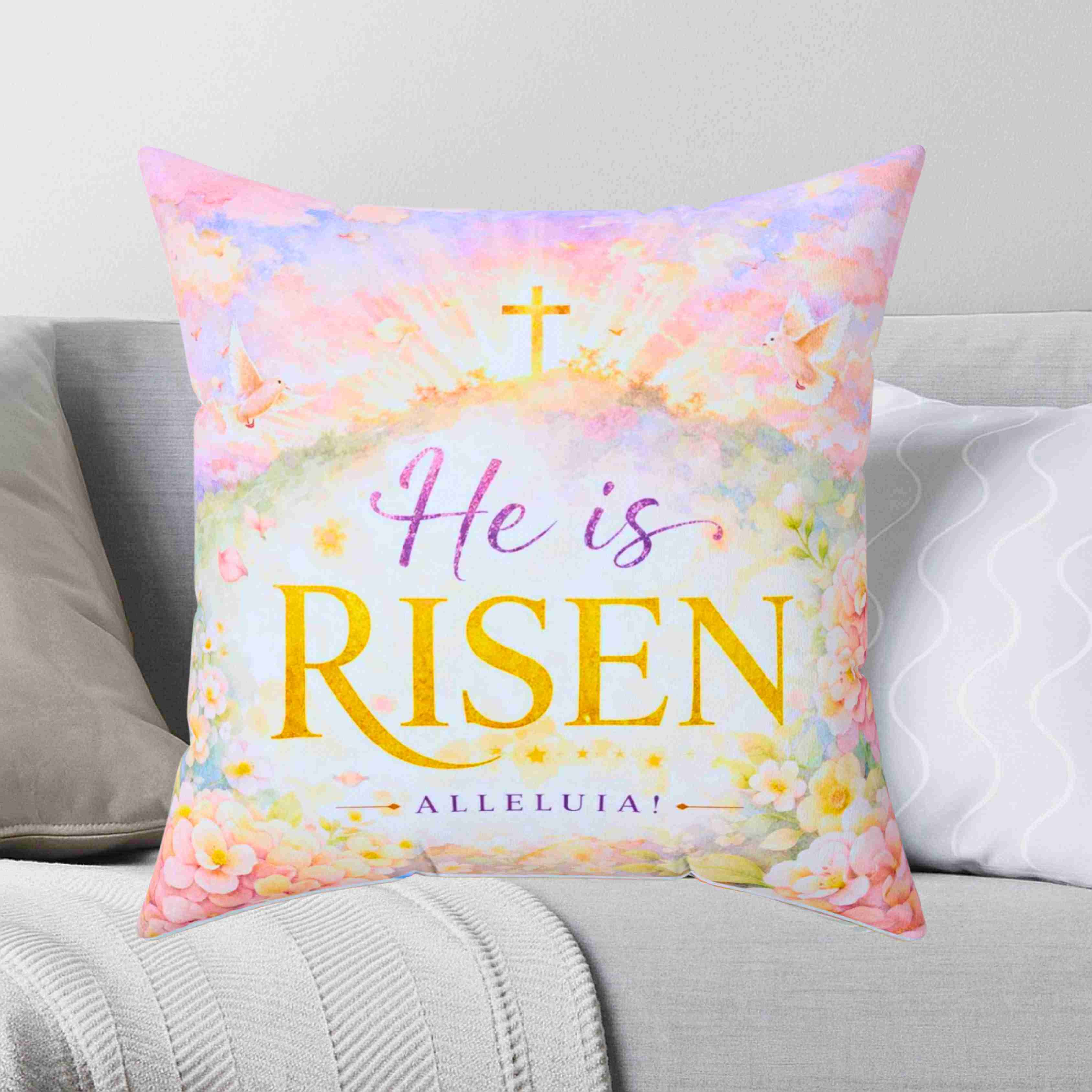 He Is Risen Alleluia Pillow | Easter Christian Scripture Decorative Couch Cushion product thumbnail image He Is Risen Alleluia Pillow | Easter Christian Scripture Decorative Couch Cushion product thumbnail image