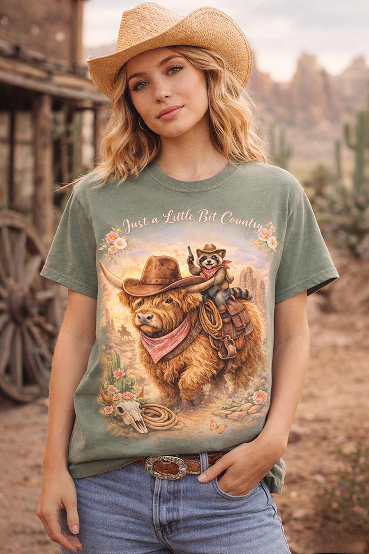 Western Themed Highland Cow Raccoon Tee Comfort Colors 1717 T Shirt product thumbnail image Western Themed Highland Cow Raccoon Tee Comfort Colors 1717 T Shirt product thumbnail image