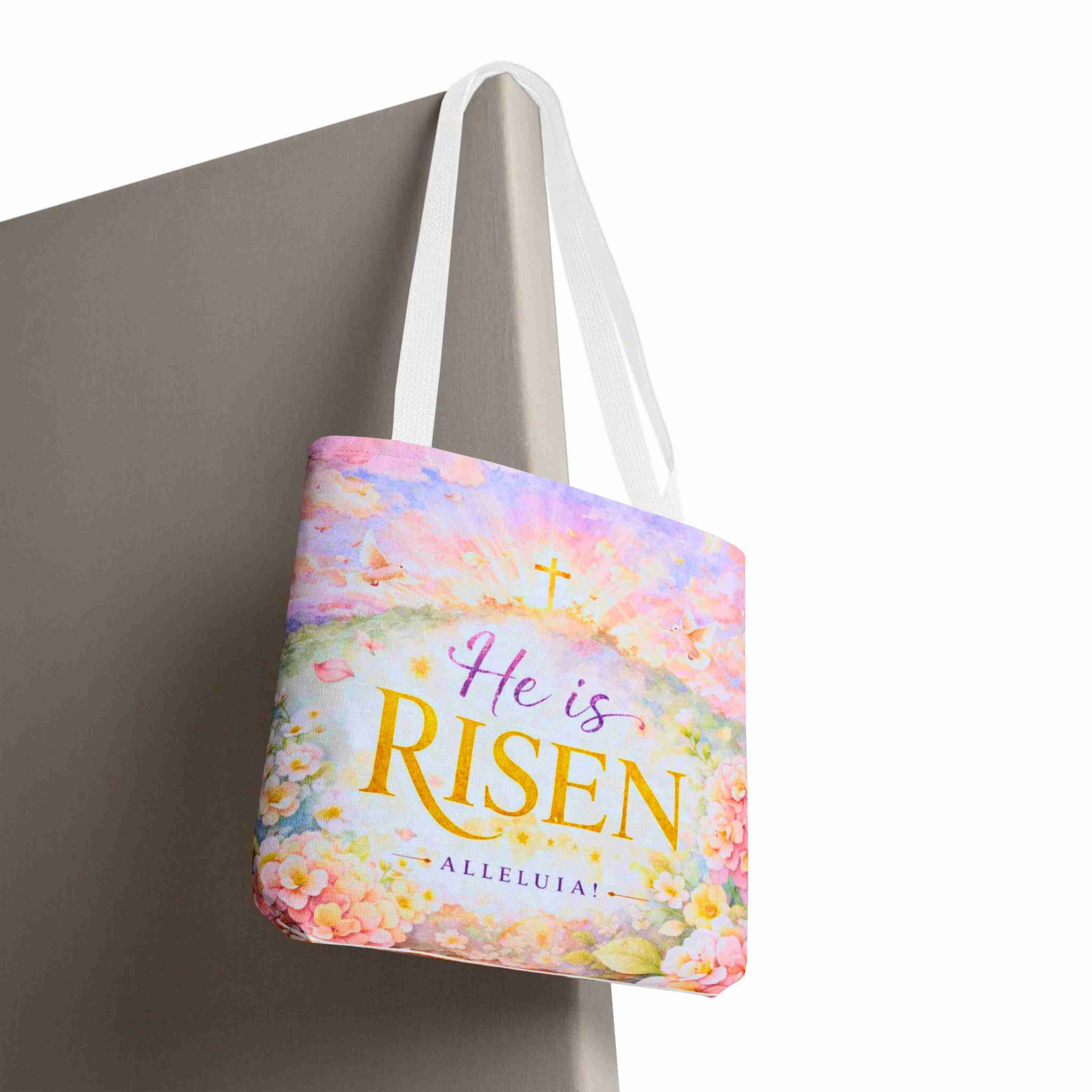 He Is Risen Tote Bag | Easter Resurrection Floral Cross