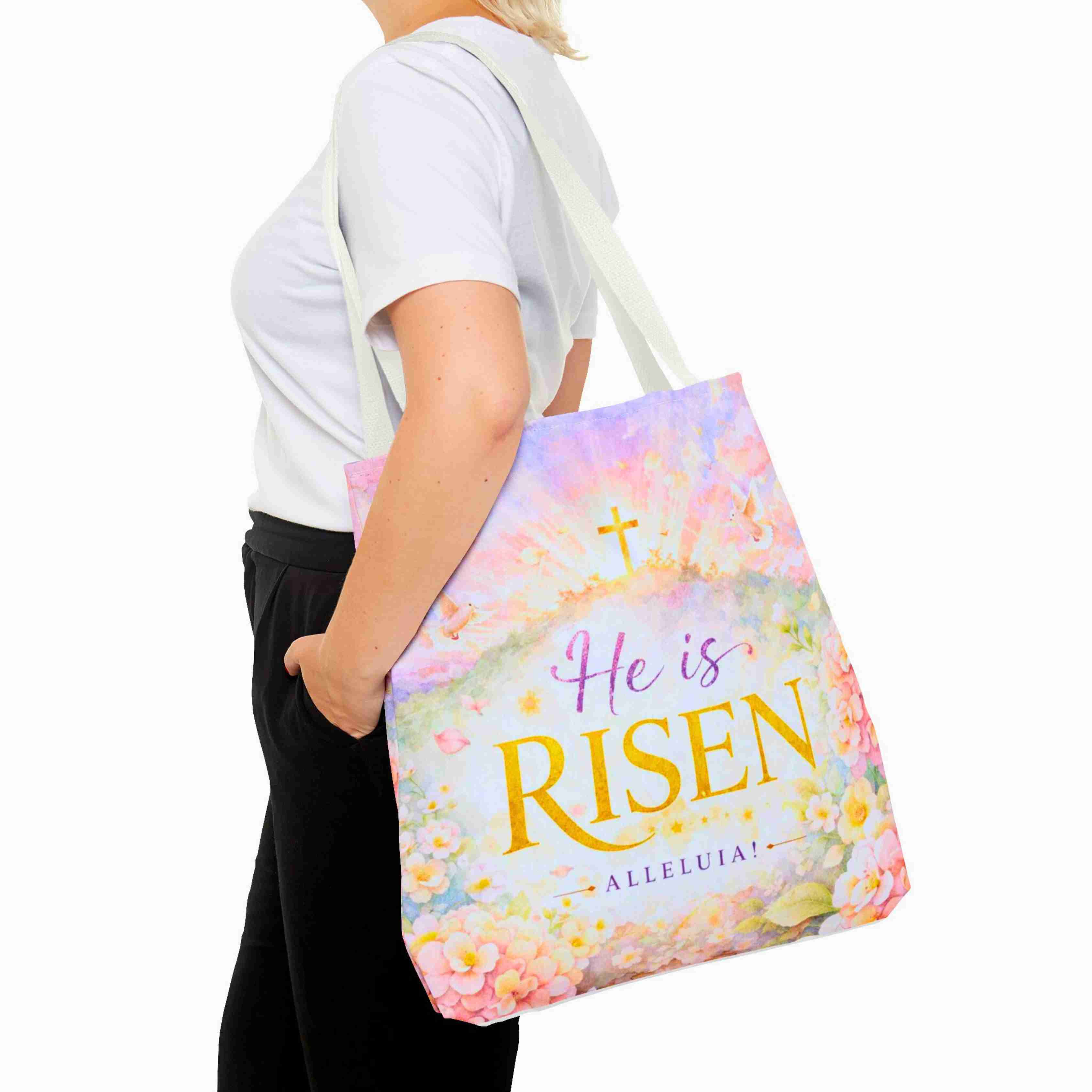 He Is Risen Tote Bag | Easter Resurrection Floral Cross product thumbnail image He Is Risen Tote Bag | Easter Resurrection Floral Cross product thumbnail image
