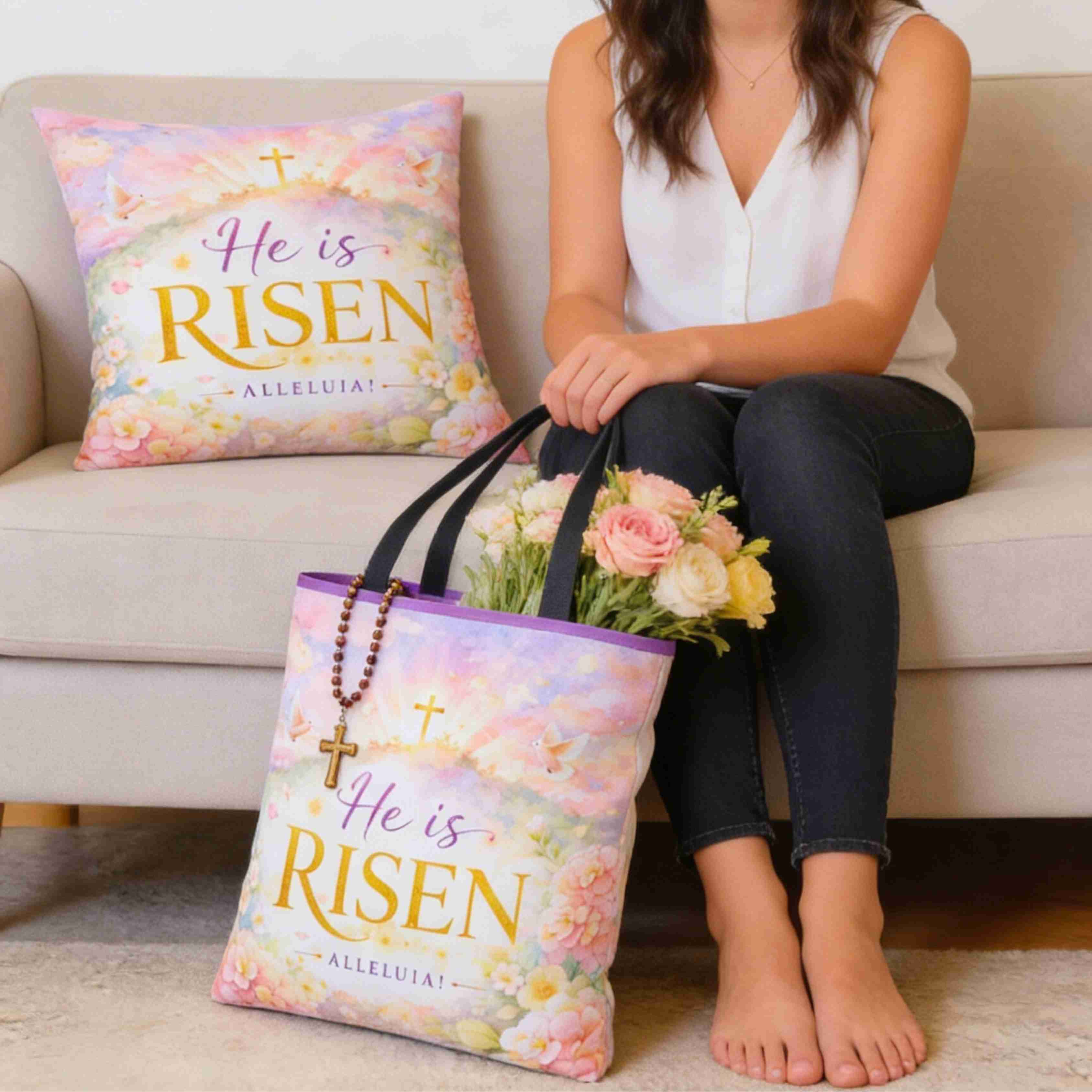 He Is Risen Tote Bag | Easter Resurrection Floral Cross product thumbnail image