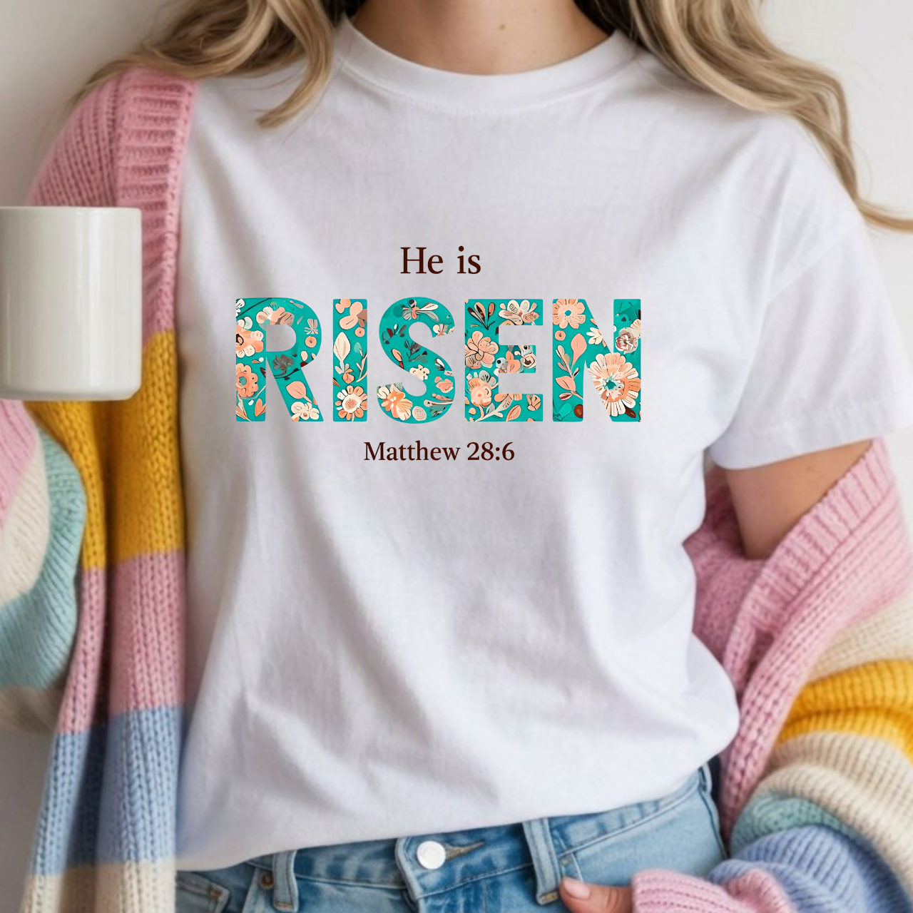 He is RISEN Christian T-Shirt | Easter Women’s Faith Shirt | Scripture Tee Matthew 28:6 | Floral Graphic | Garment-Dyed Cotton | S-4XL product thumbnail image