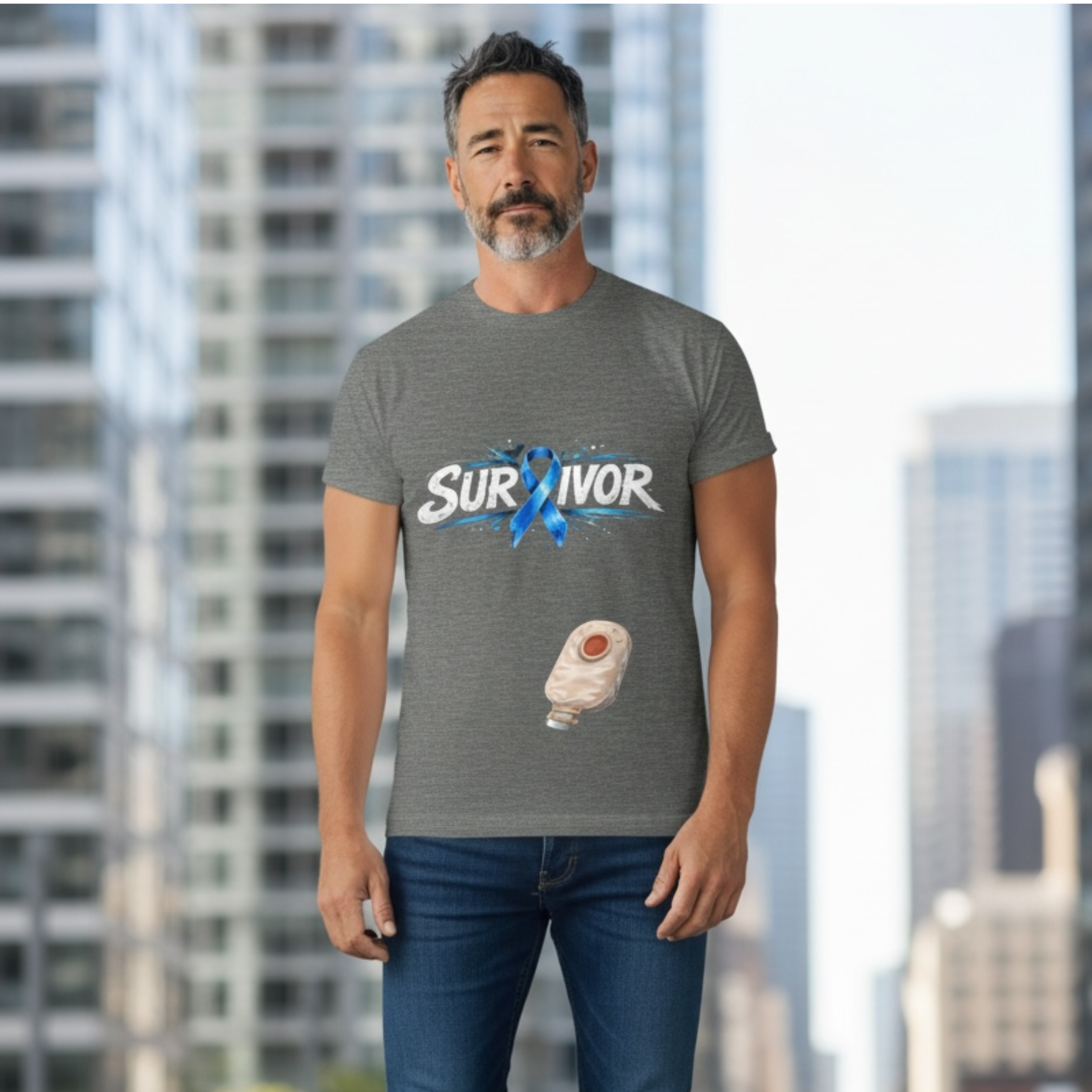 Colorectal Cancer Survivor Tee — Blue Ribbon &amp; Colostomy Bag Humor product thumbnail image