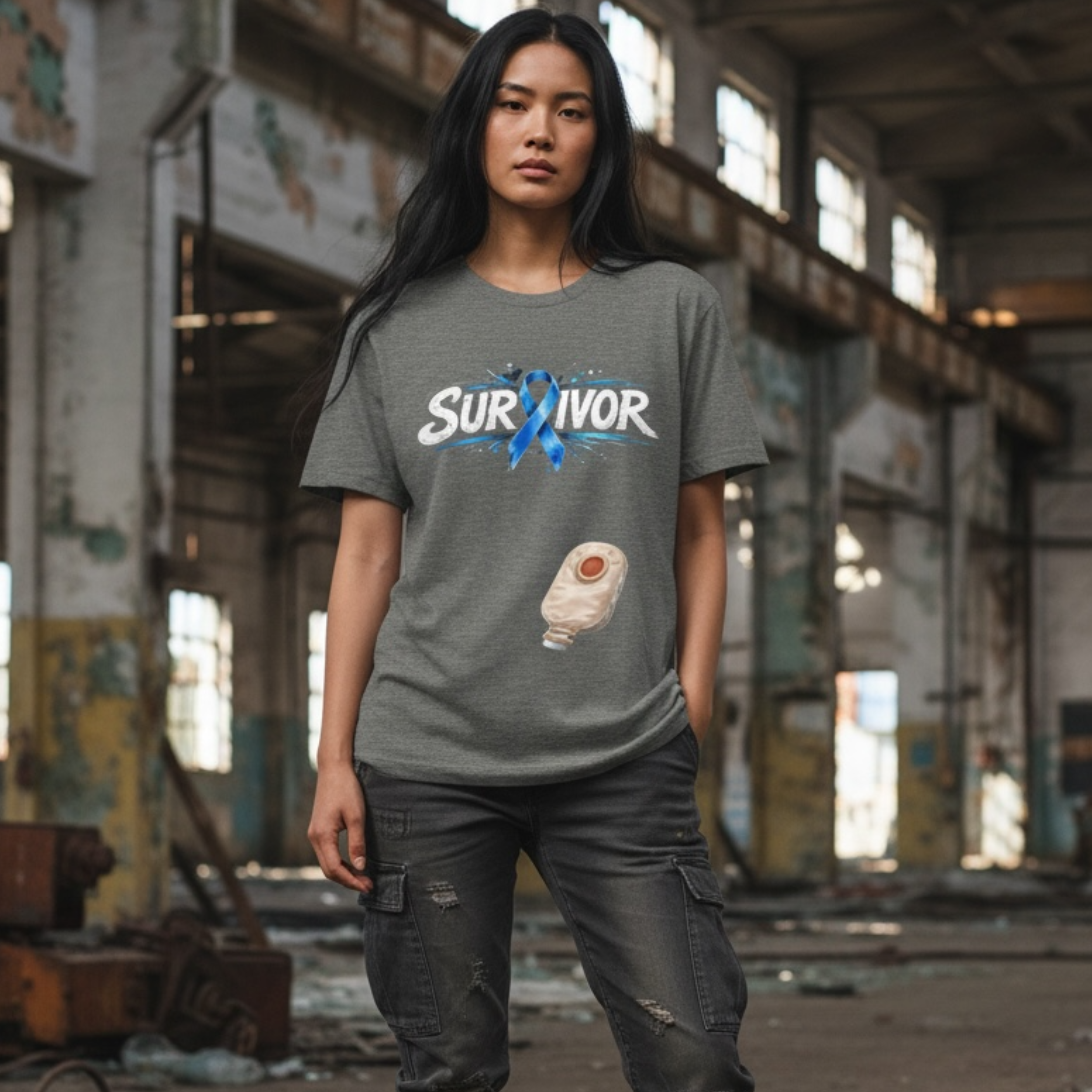 Colorectal Cancer Survivor Tee — Blue Ribbon &amp; Colostomy Bag Humor product thumbnail image