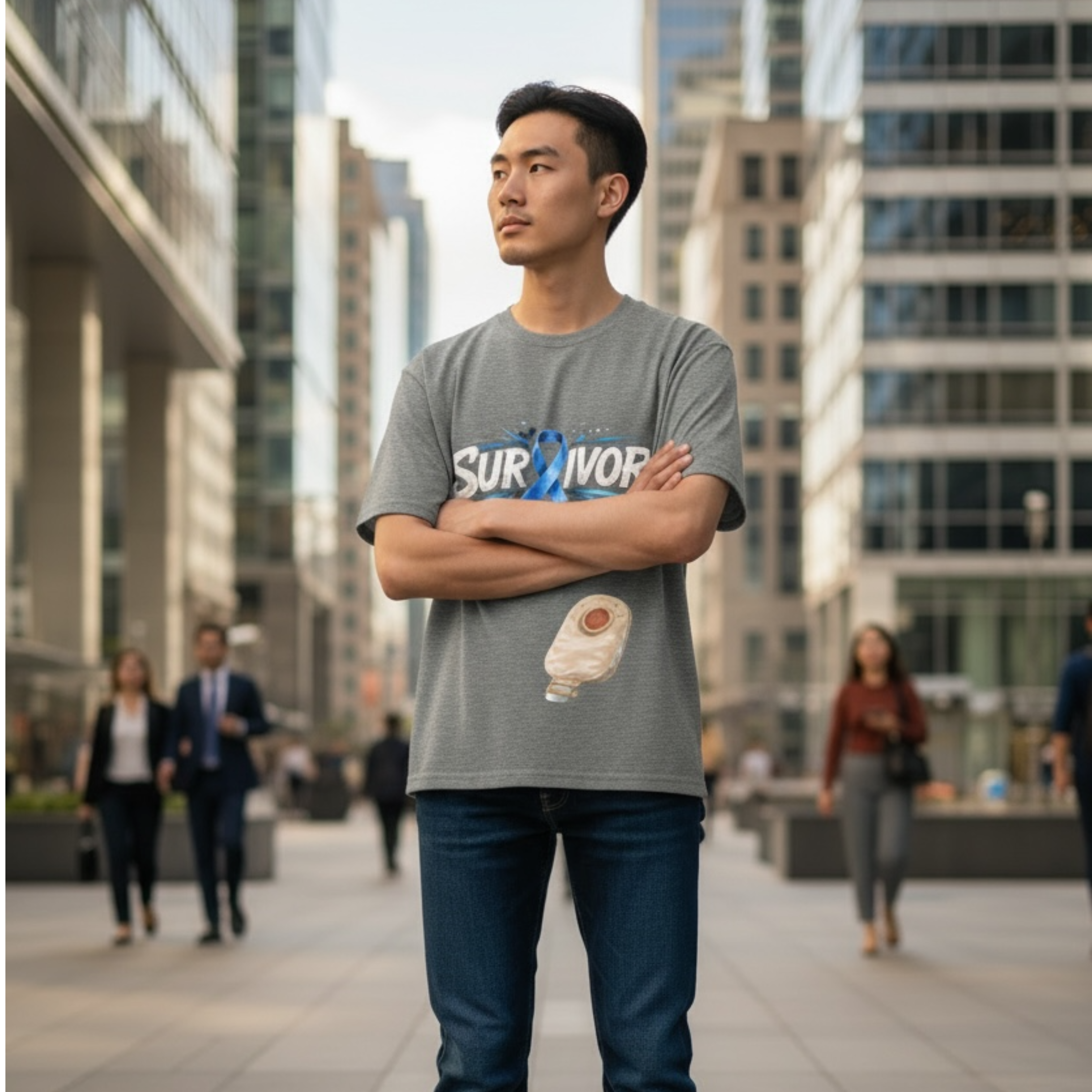 Colorectal Cancer Survivor Tee — Blue Ribbon &amp; Colostomy Bag Humor product thumbnail image