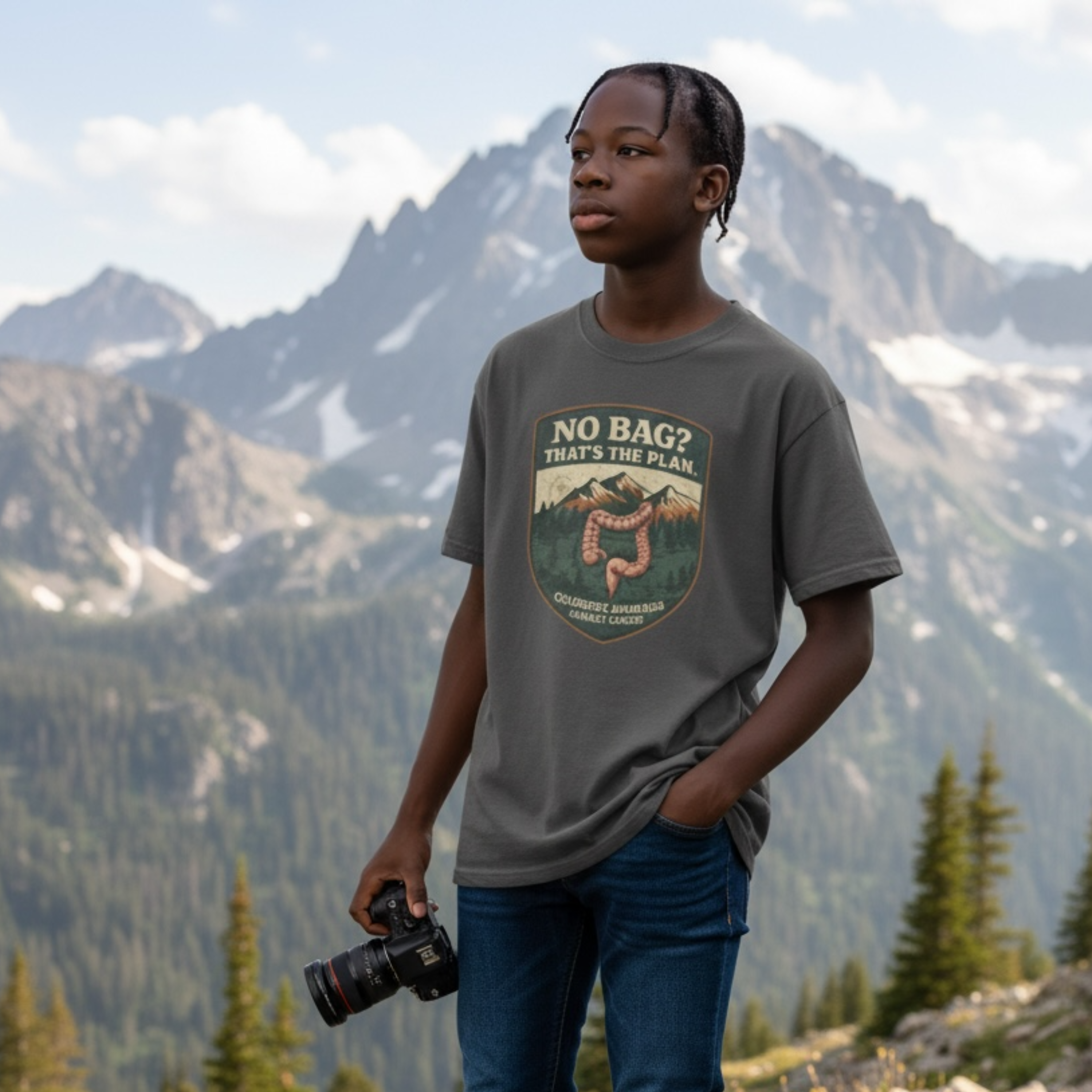 No Bag? That's the Plan T-Shirt — Colorectal Cancer Awareness Graphic Tee product thumbnail image