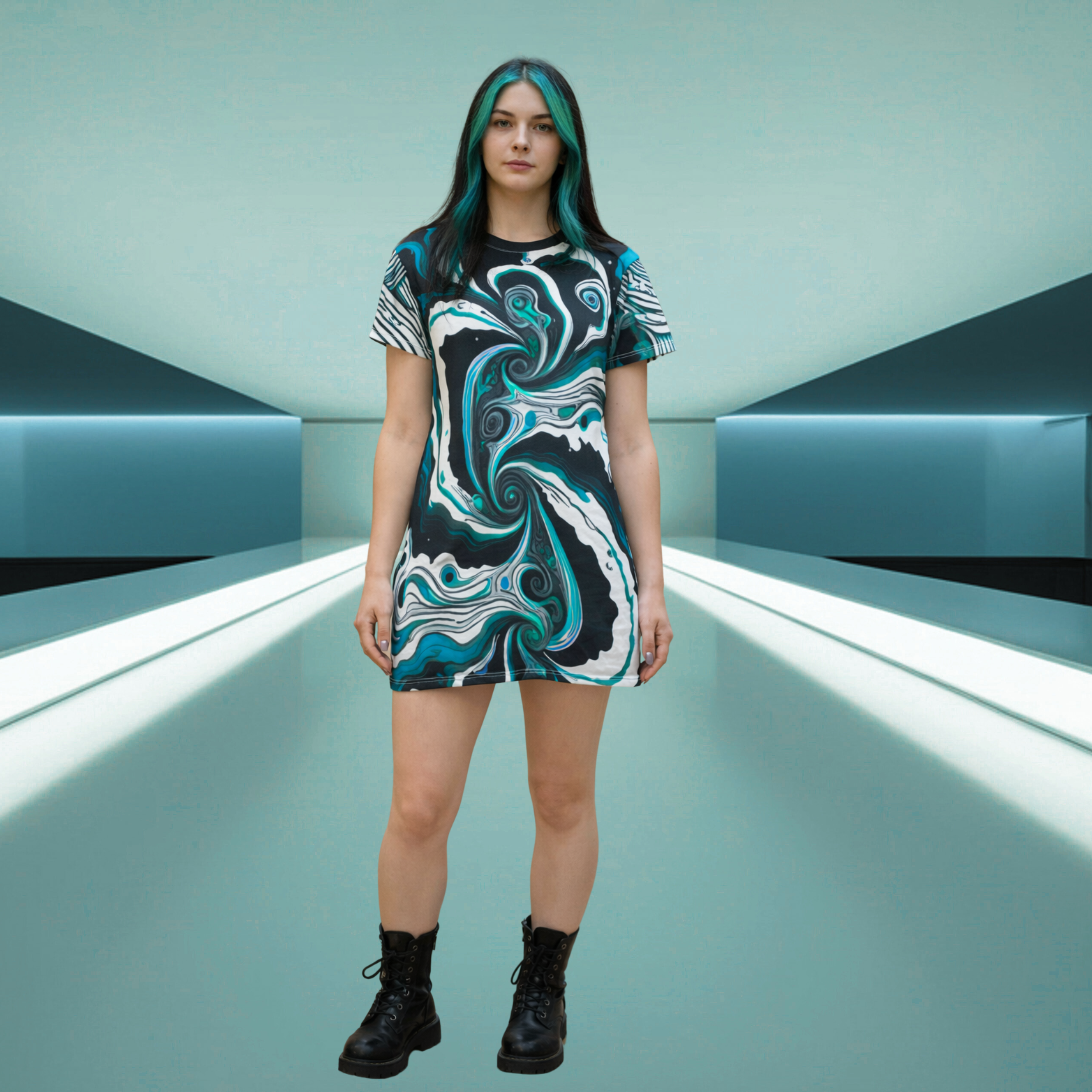 Swirl Marble All-Over Print T-Shirt Dress — Teal &amp; Black Abstract