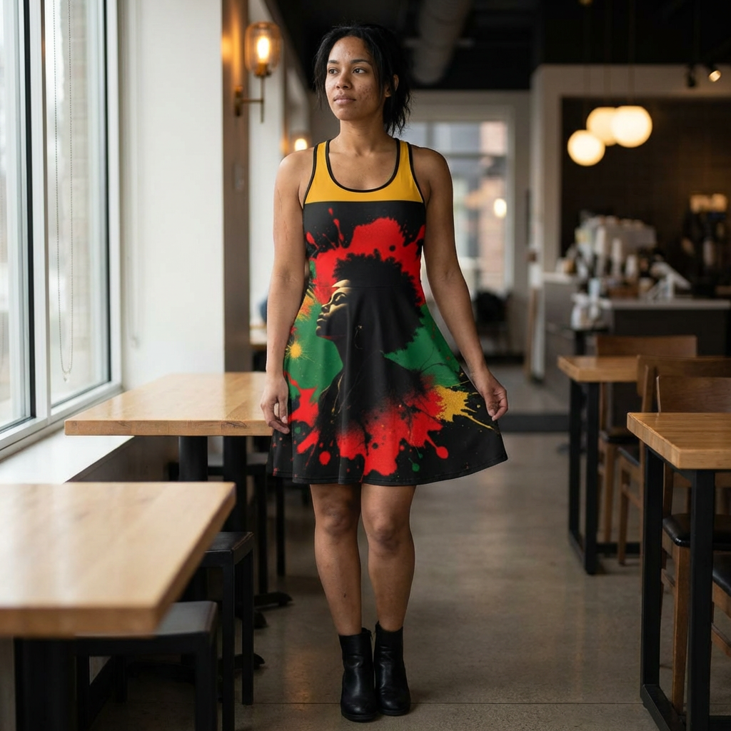 Rasta Vibe Splash Racerback Dress — Vibrant Reggae Graphic Sundress product thumbnail image Rasta Vibe Splash Racerback Dress — Vibrant Reggae Graphic Sundress product thumbnail image