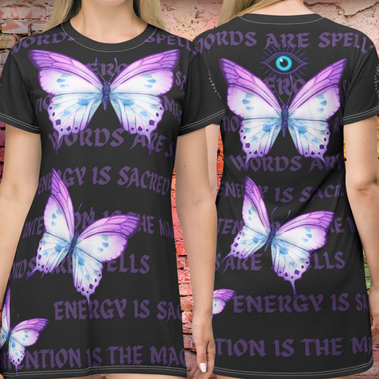 Words Are Spells Butterfly Dress with Vegvísir Sleeves & Evil Eye — Wayfinder Protection T-Shirt Dress product thumbnail image Words Are Spells Butterfly Dress with Vegvísir Sleeves & Evil Eye — Wayfinder Protection T-Shirt Dress product thumbnail image