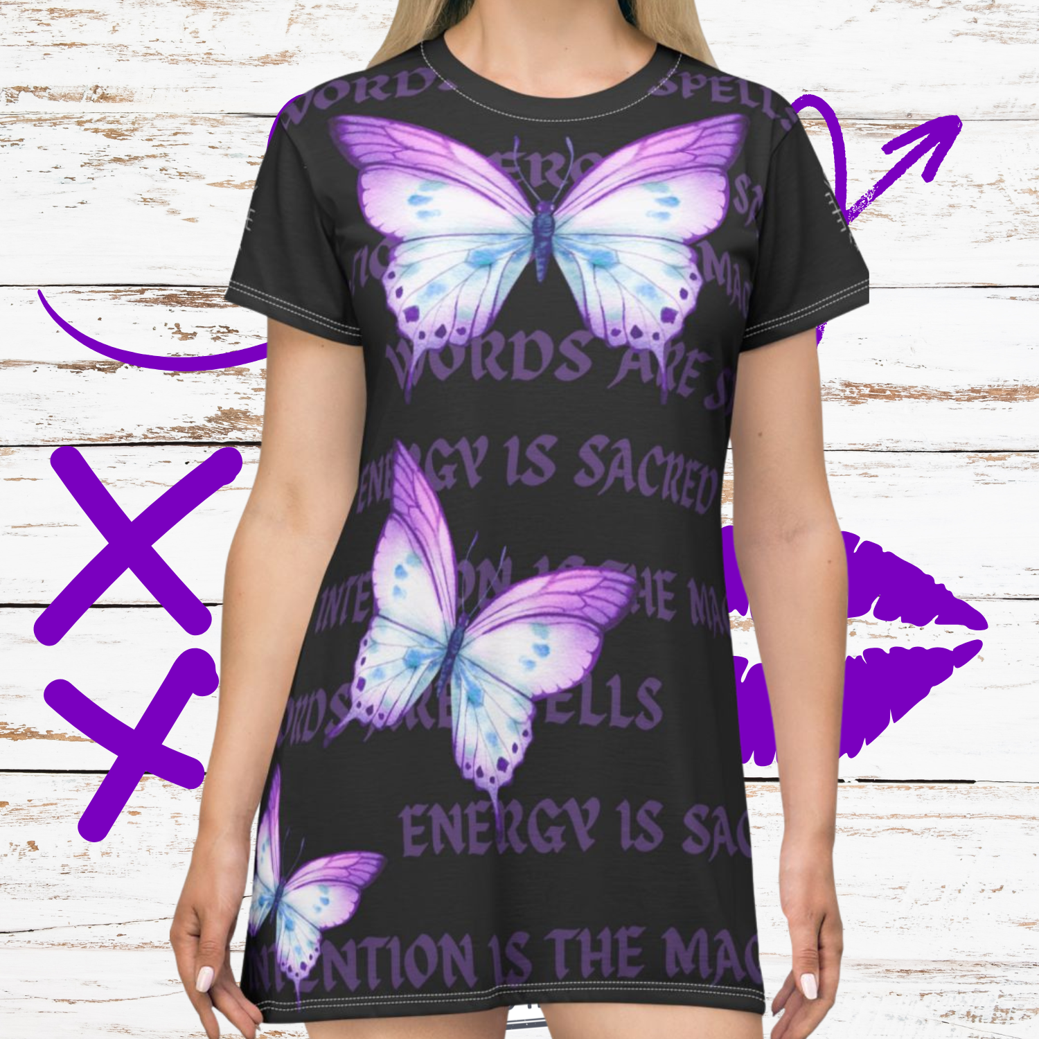 Words Are Spells Butterfly Dress with Vegvísir Sleeves & Evil Eye — Wayfinder Protection T-Shirt Dress product thumbnail image Words Are Spells Butterfly Dress with Vegvísir Sleeves & Evil Eye — Wayfinder Protection T-Shirt Dress product thumbnail image