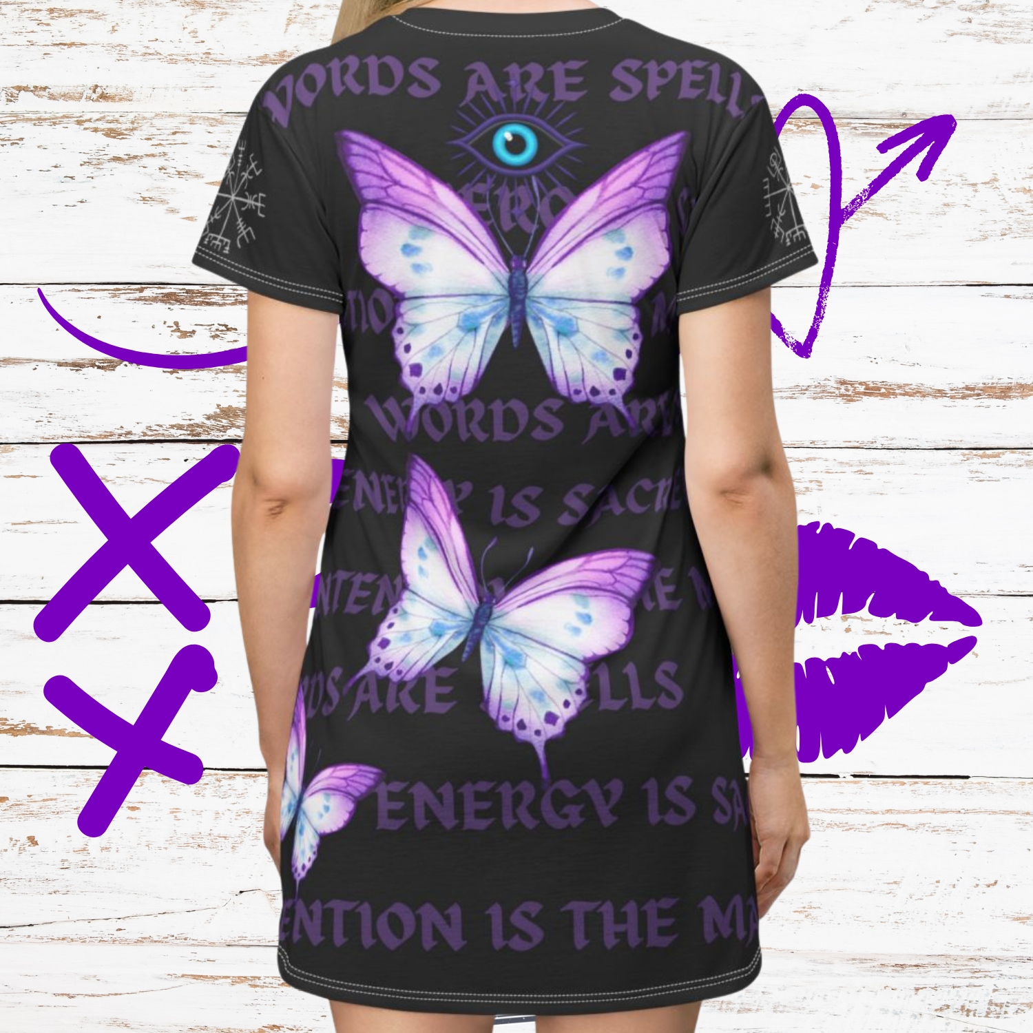 Words Are Spells Butterfly Dress with Vegvísir Sleeves &amp; Evil Eye — Wayfinder Protection T-Shirt Dress product thumbnail image