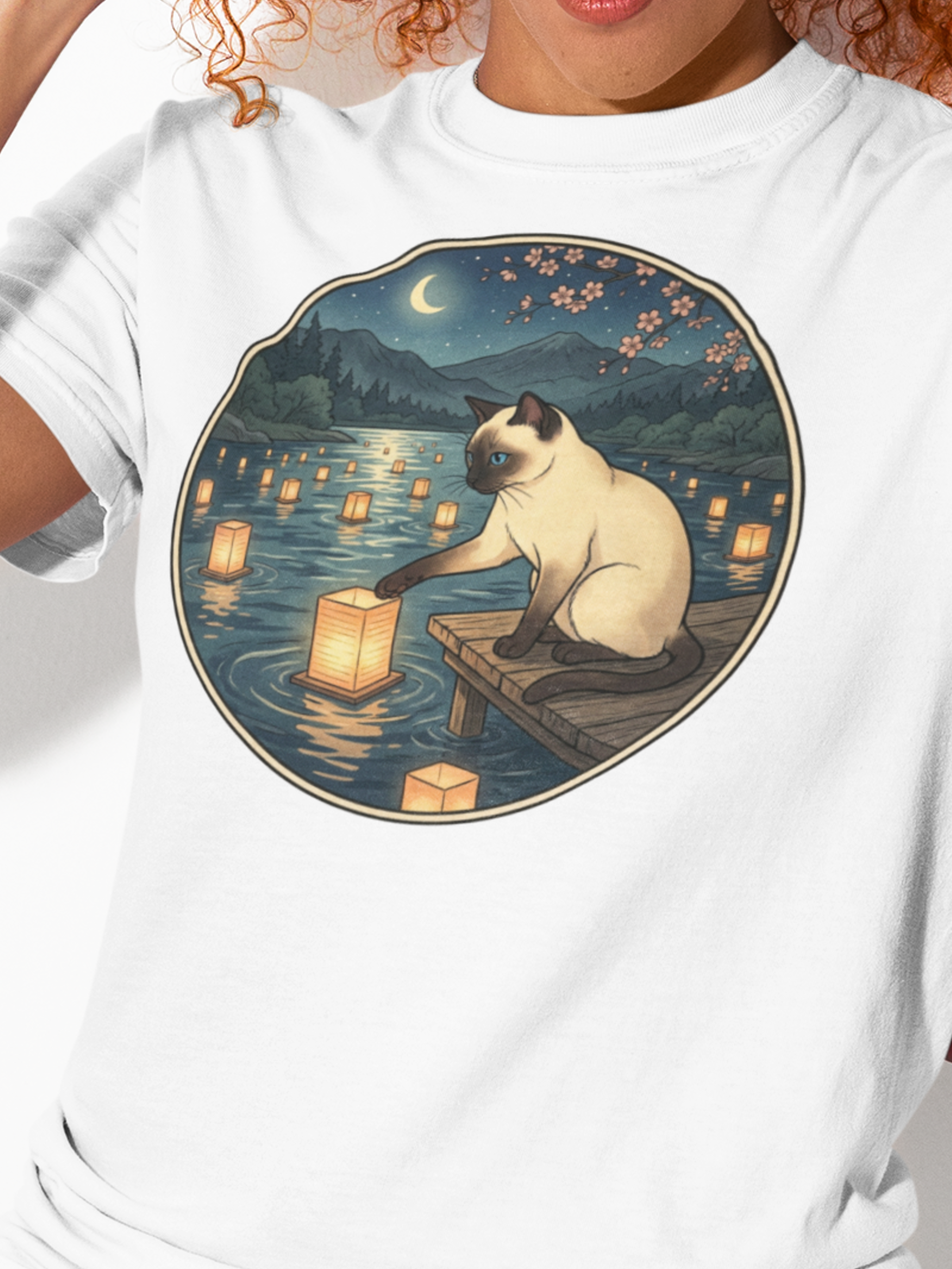 Siamese Cat Touches A Floating Lantern Comfort Colors Unisex Zen Tee — Vintage Ukiyo-E Asian-Inspired Cat Nighttime Illustration Graphic T-Shirt  product thumbnail image