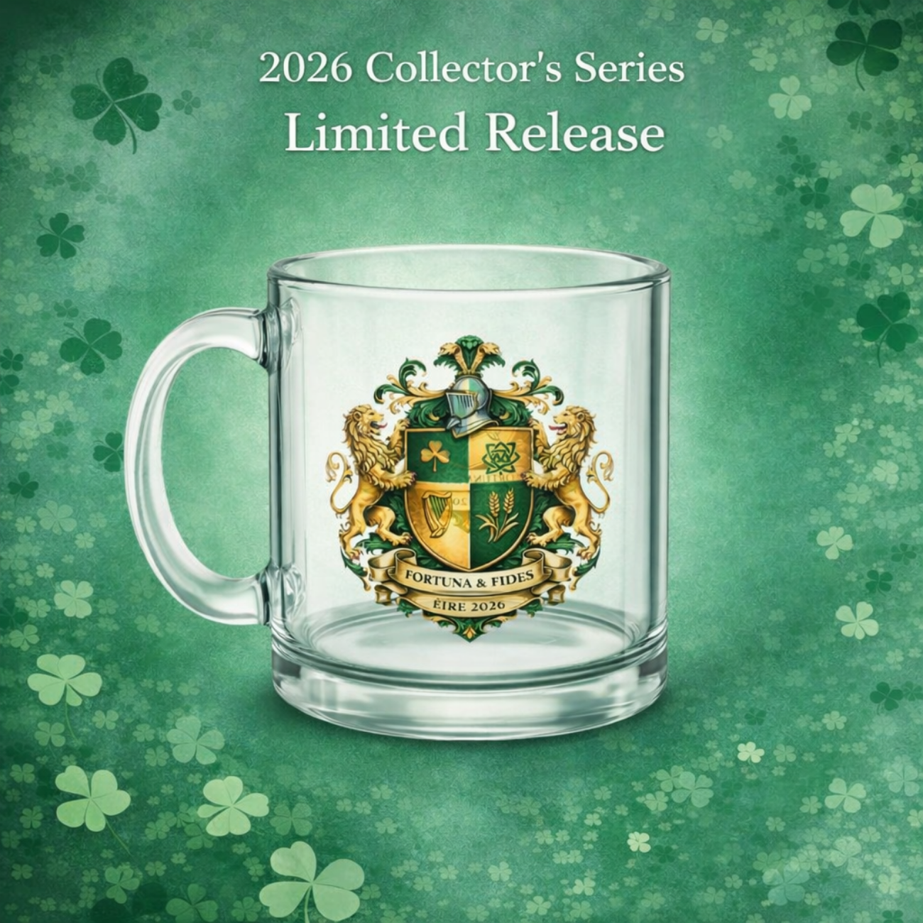 Glass Mug — Emerald &amp; Gold Family Crest Crest 10oz Glass Coffee Mug - 2026 Limited Edition