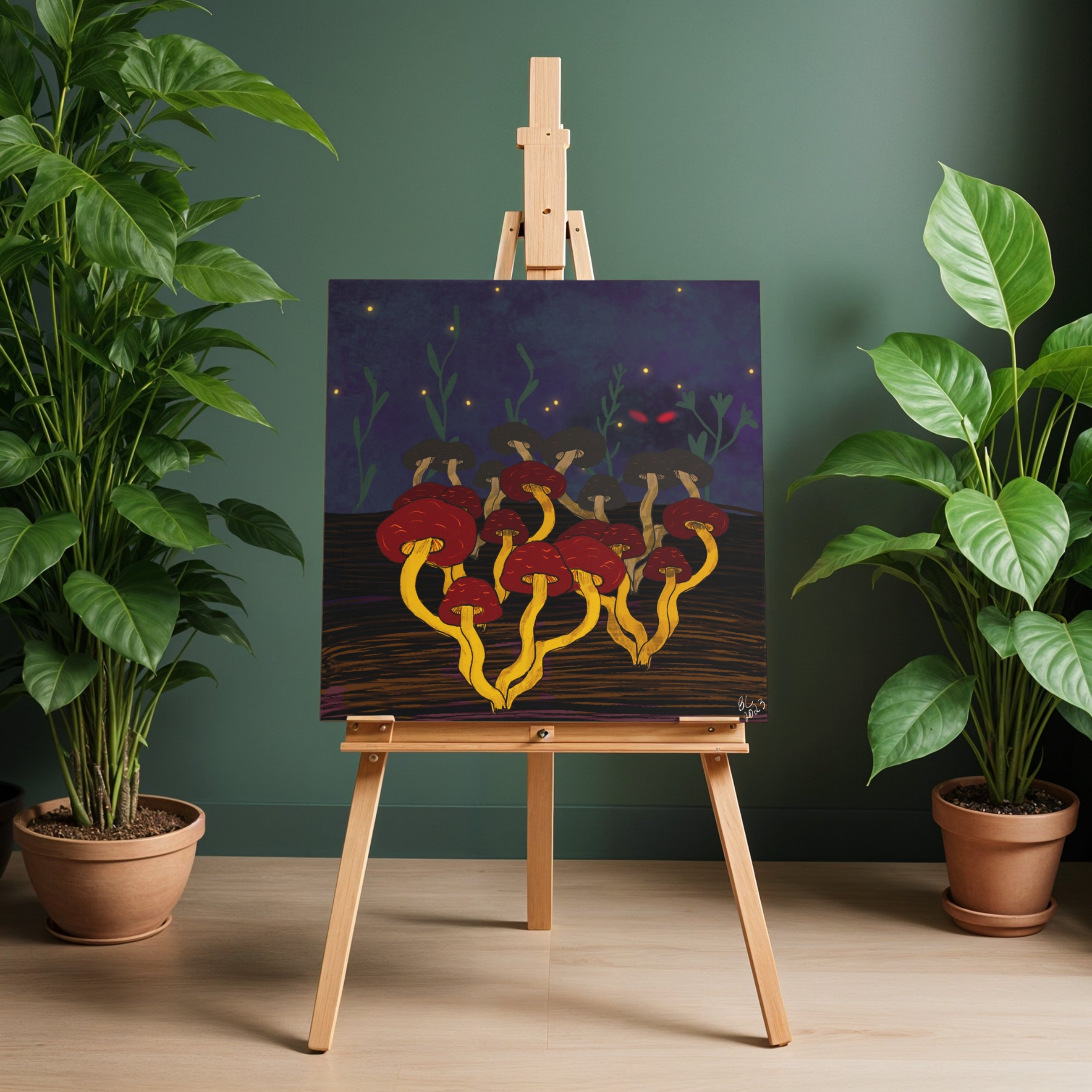 Red Mushrooms Illustration Canvas | Night Forest Fungi Wall Art product thumbnail image