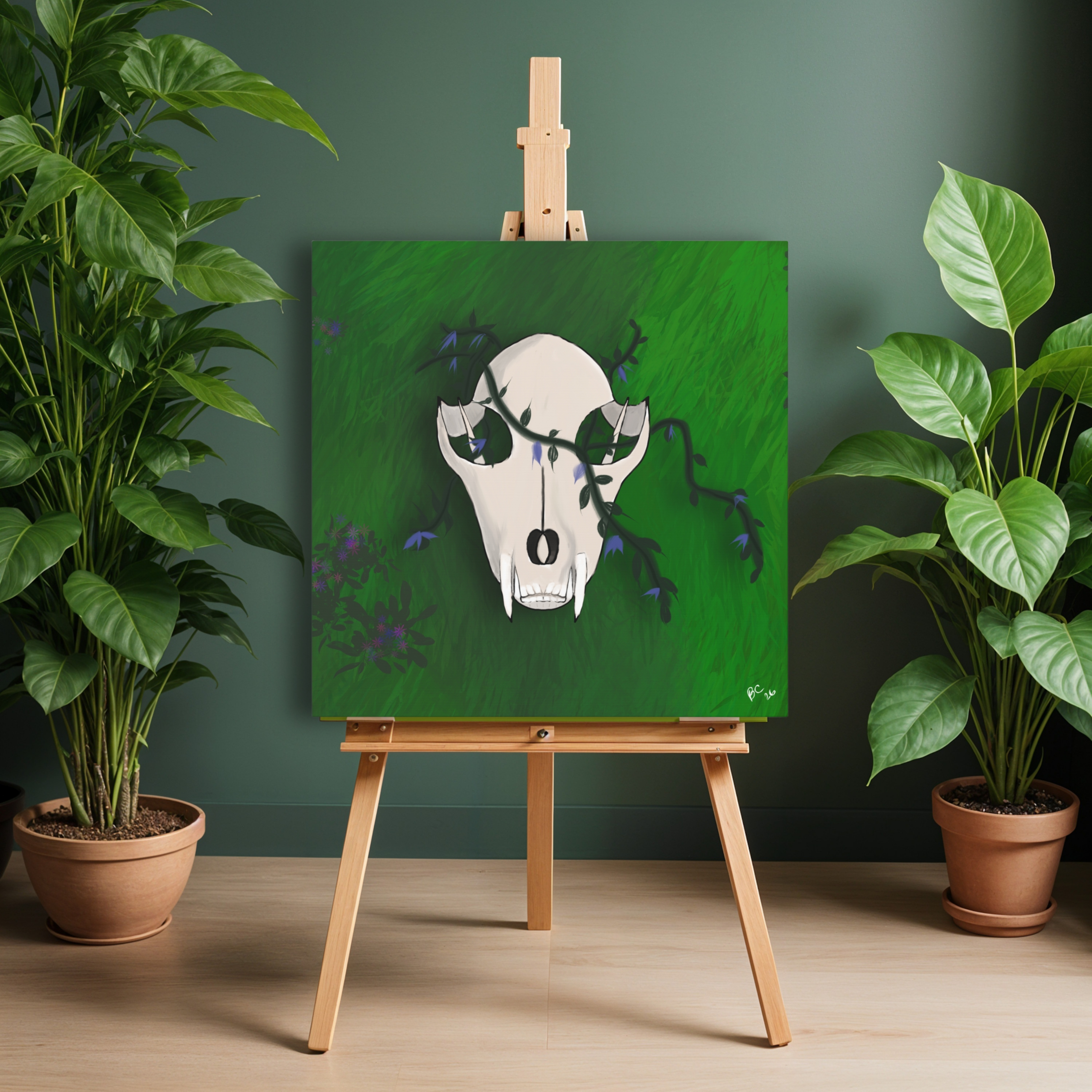 Raccoon Skull with Purple Flowers Canvas Stretched Wall Art | Floral Vines product thumbnail image