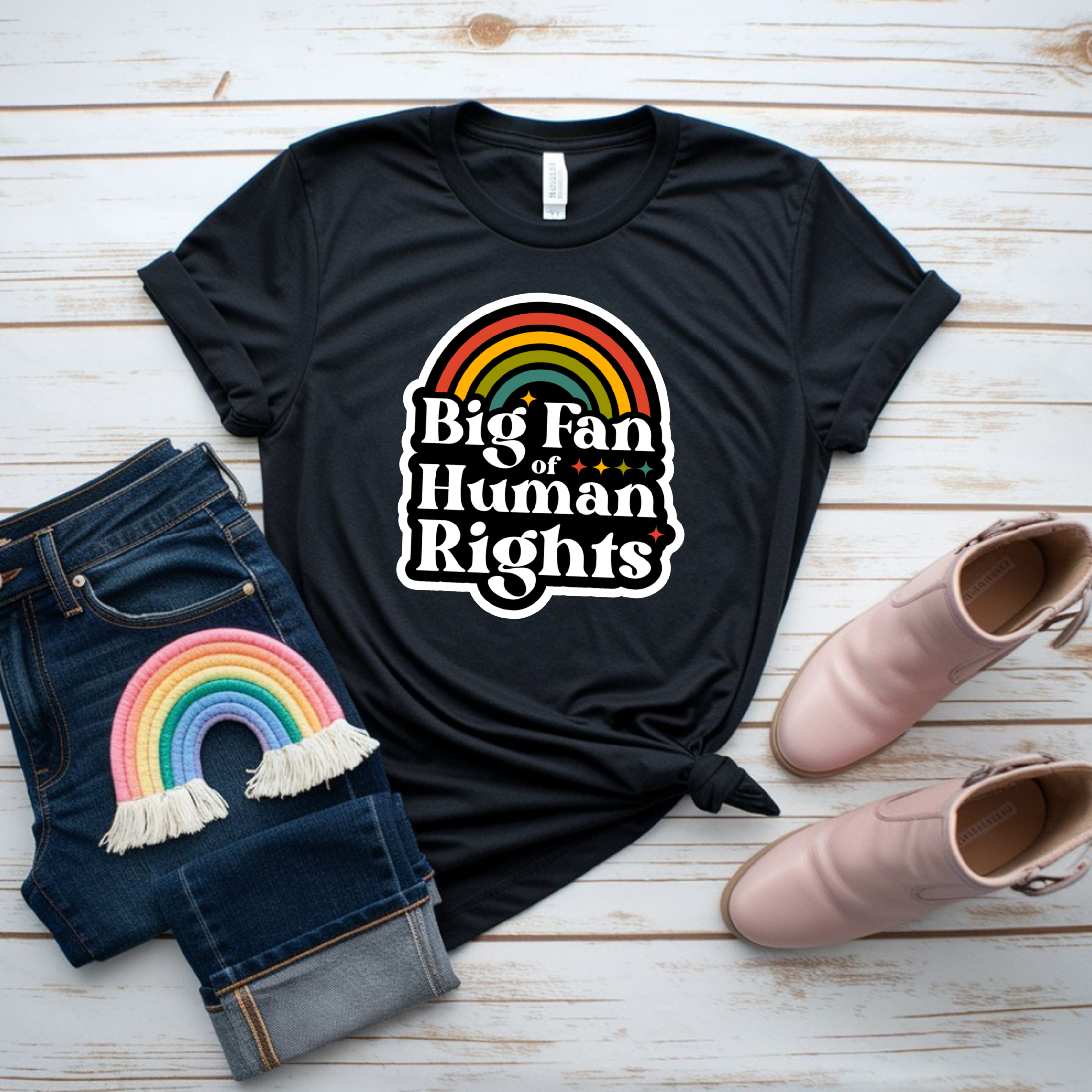 "Big Fan of Human Rights" Retro Rainbow Tee product thumbnail image
