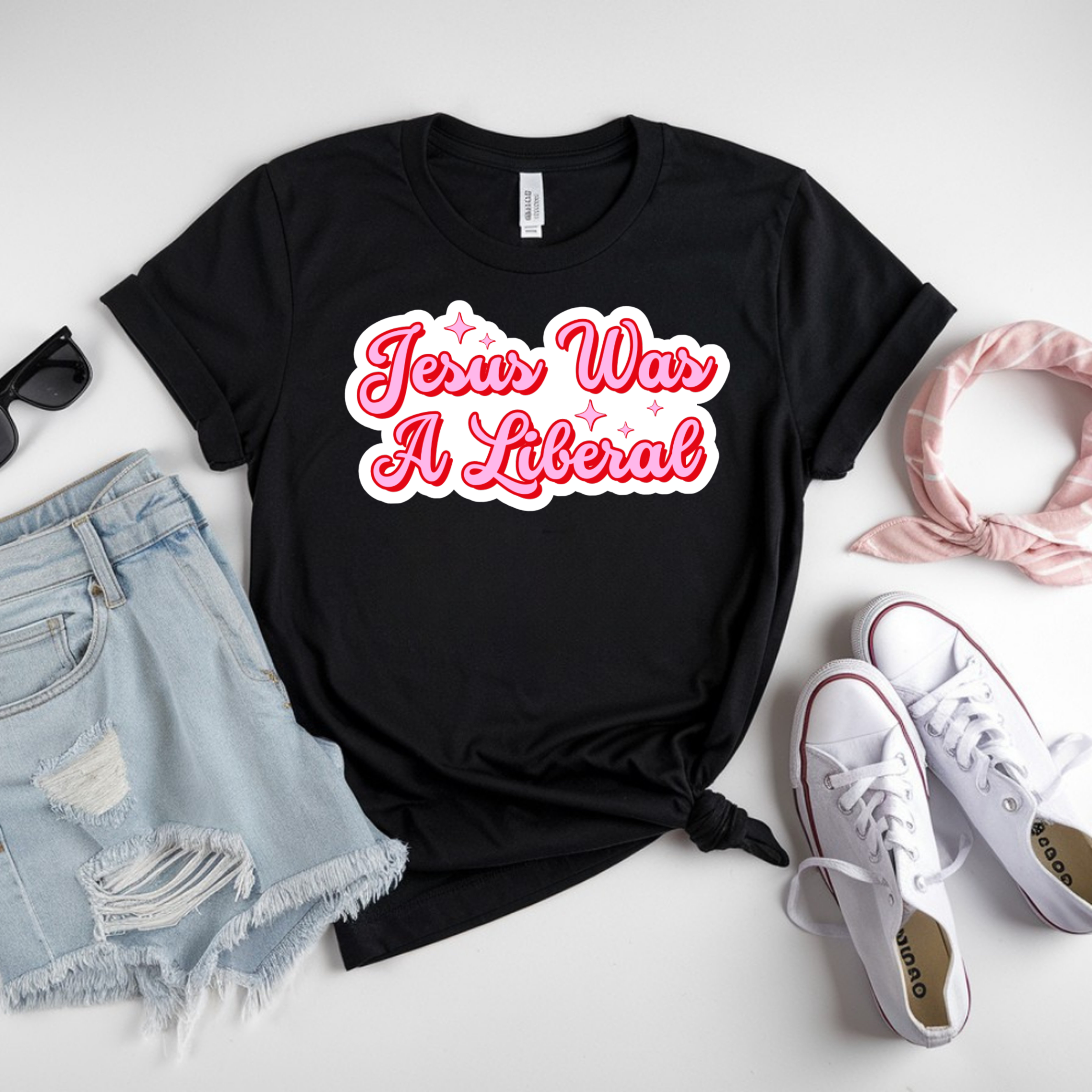 Jesus Was A Liberal Retro Pink Script Tee product thumbnail image